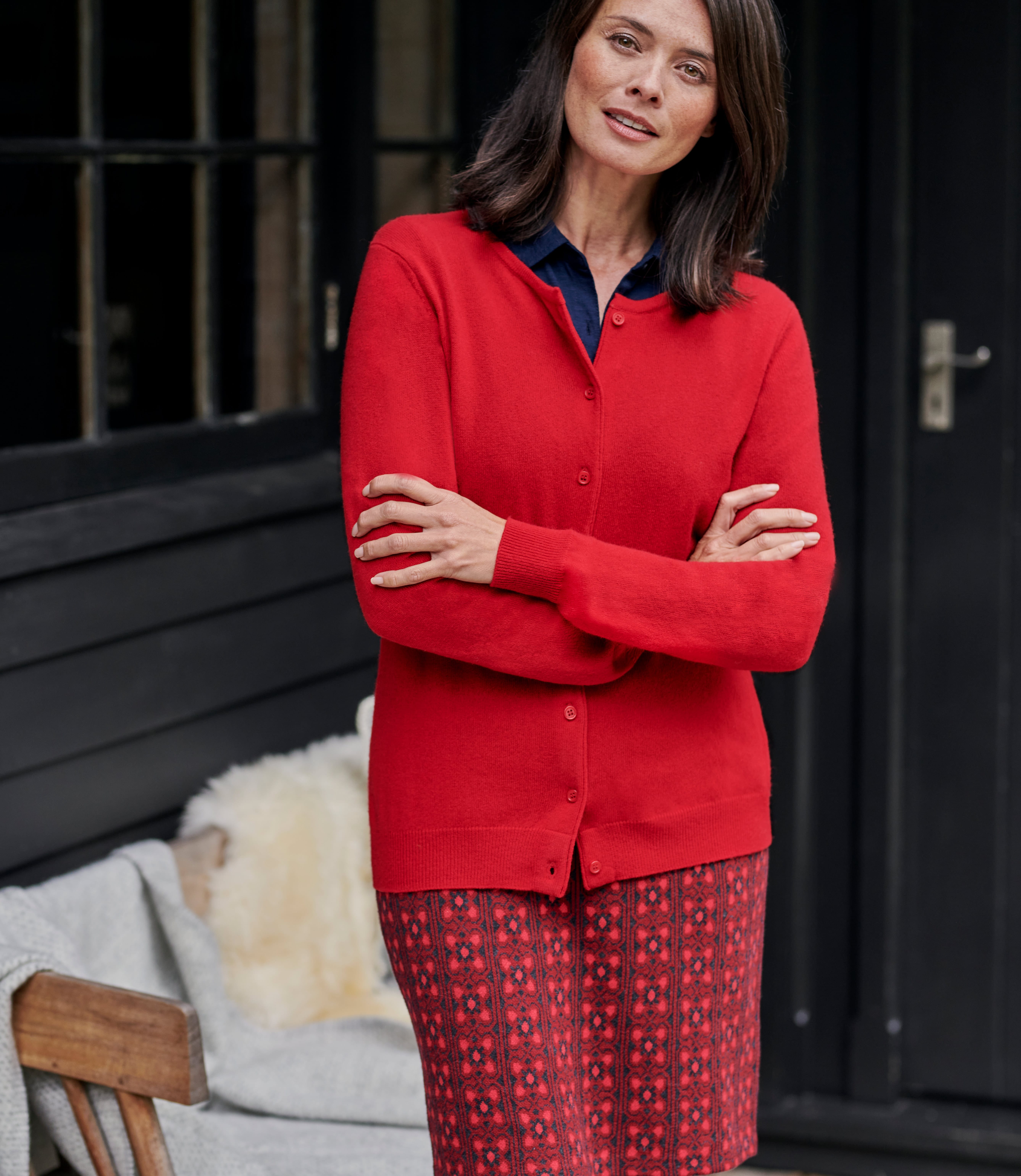cherry red cardigan