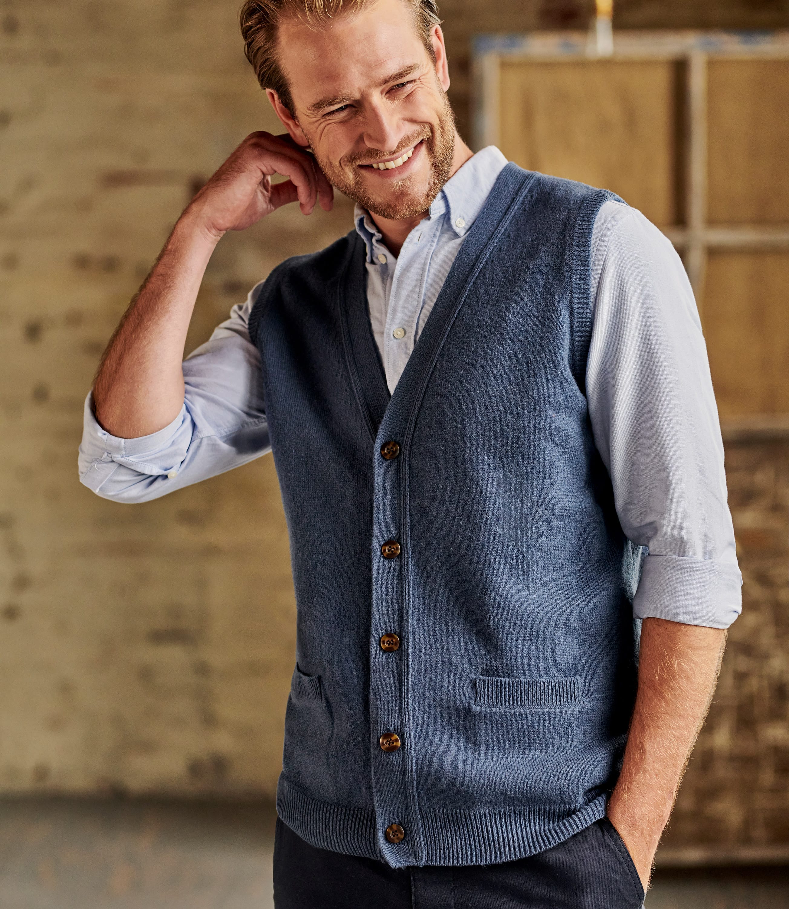 Dusk Blue Mens Lambswool Knitted Waistcoat WoolOvers UK