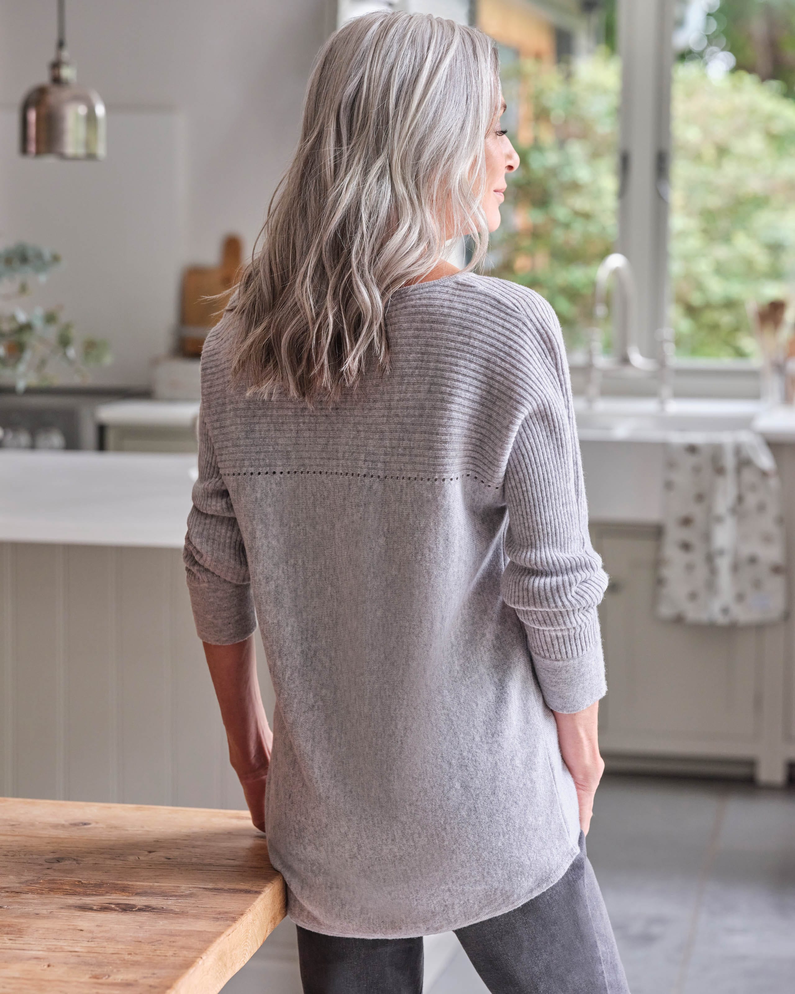 Husky Grey Cashmere Merino Rib Yoke Pointelle Jumper WoolOvers UK