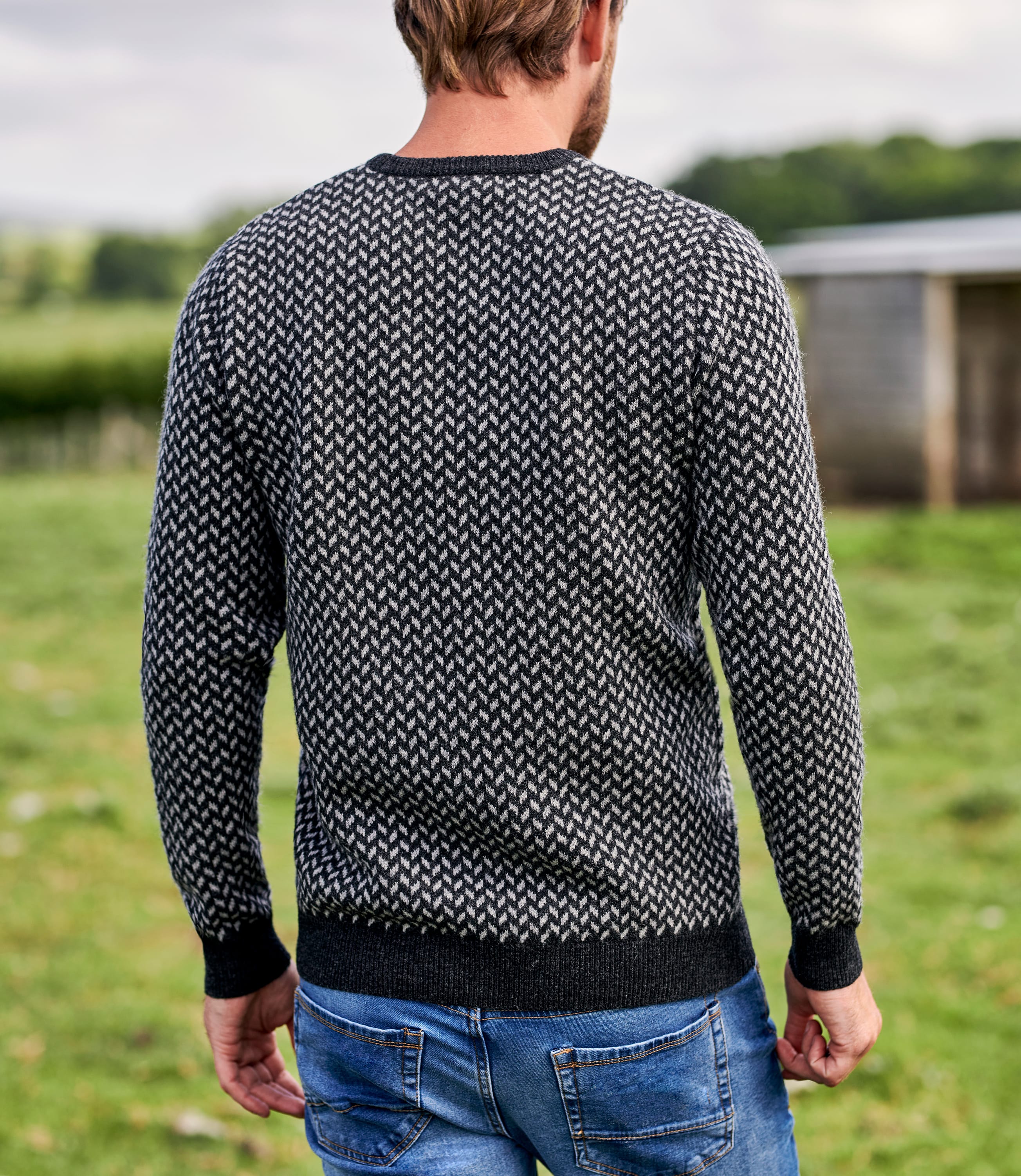 Charcoal/Grey Marl | Mens Lambswool Chevron Stitch Sweater | WoolOvers US