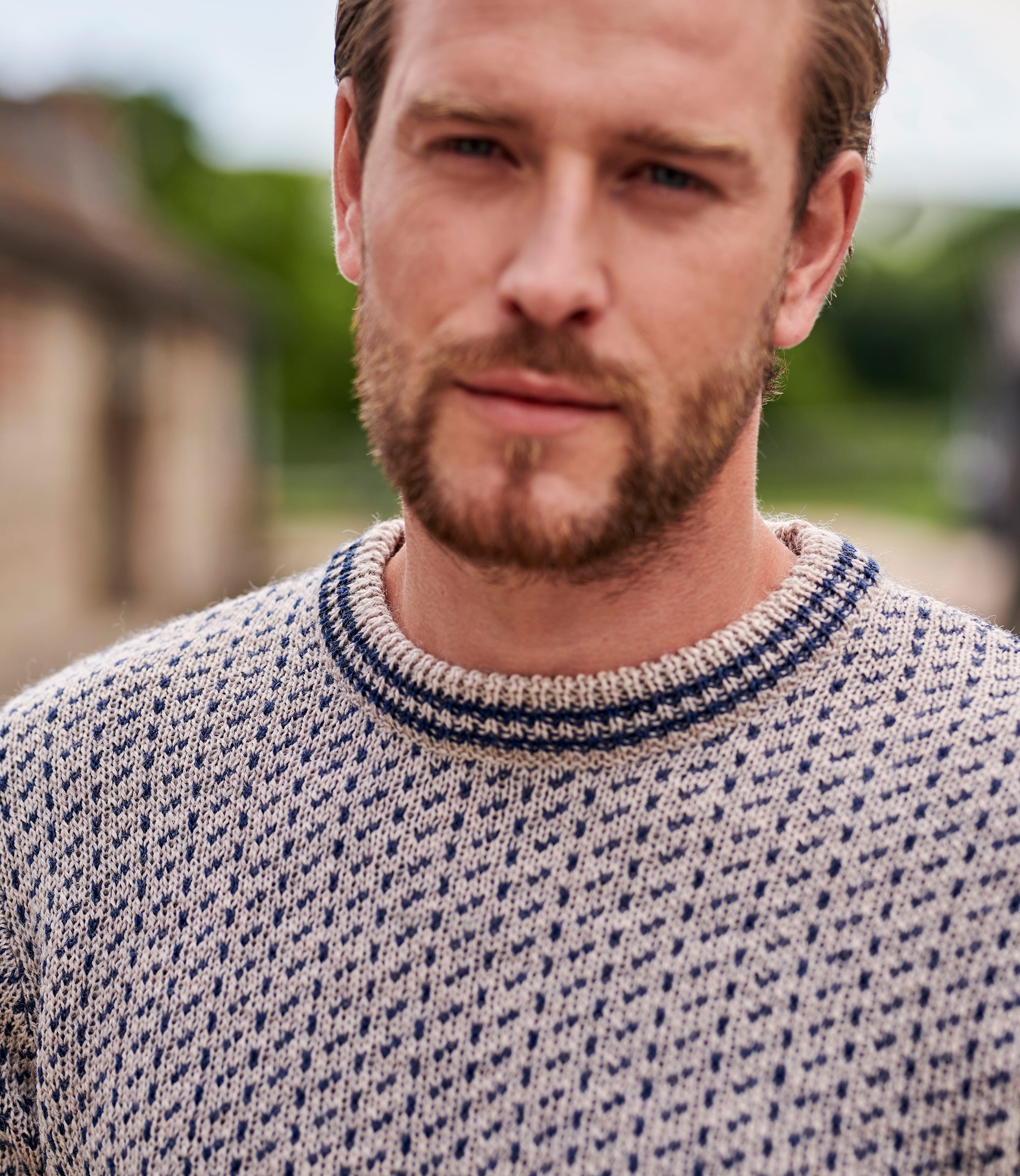 Oatmeal/Denim | Mens Pure Wool Double Stitch Jumper | WoolOvers UK