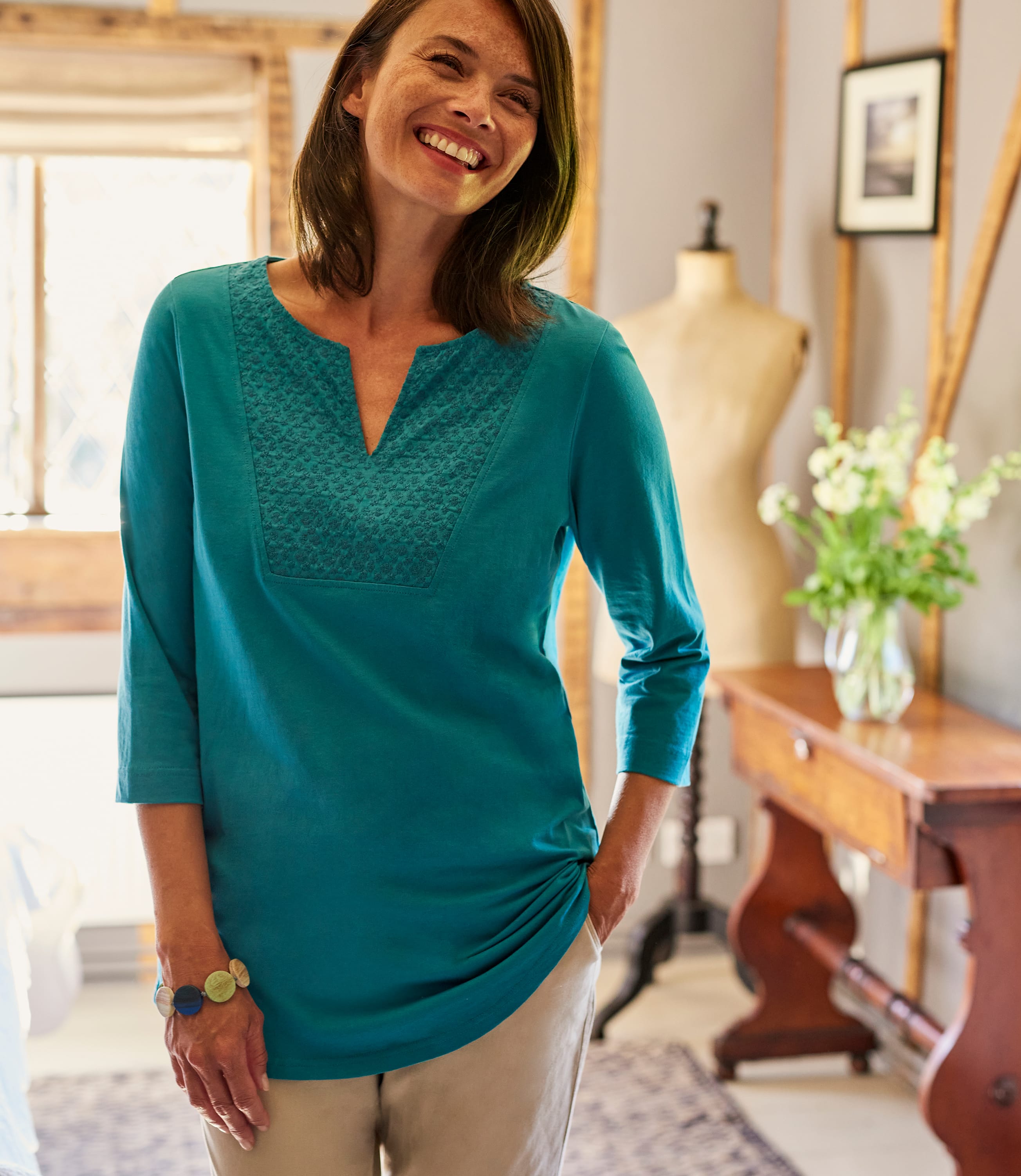 Teal | Womens Embroidered Bib Tunic | WoolOvers AU