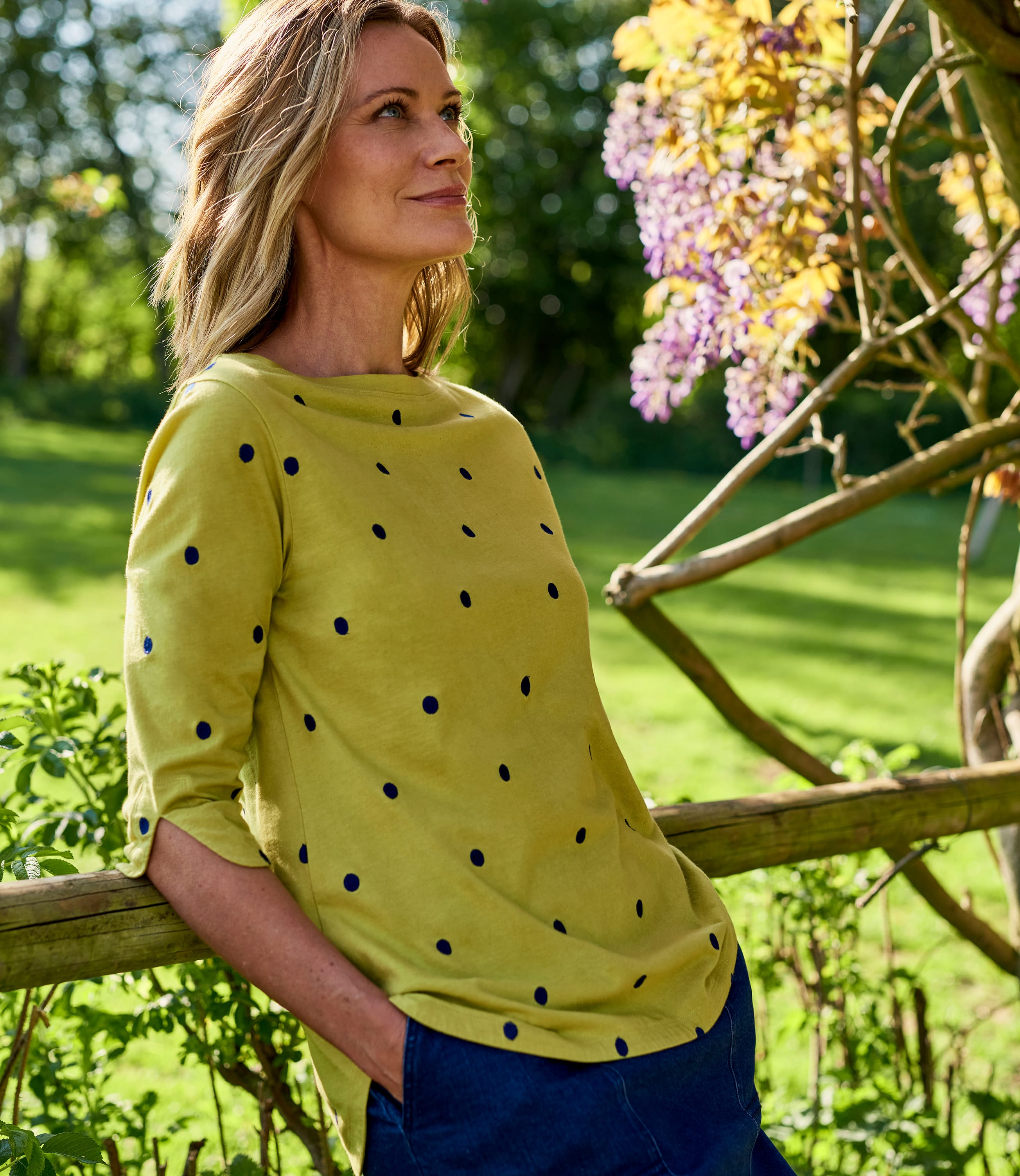 Chartreuse/Navy | Womens Embroidered Spot Top | WoolOvers UK