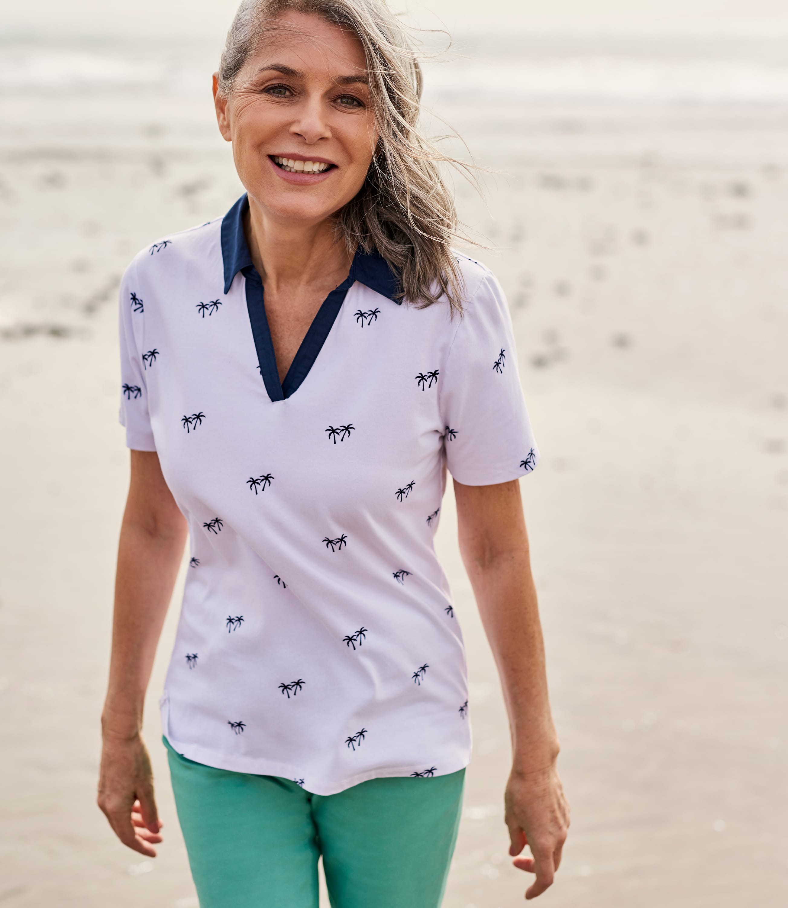 White/Navy Palm Womens Jersey Polo Shirt WoolOvers AU