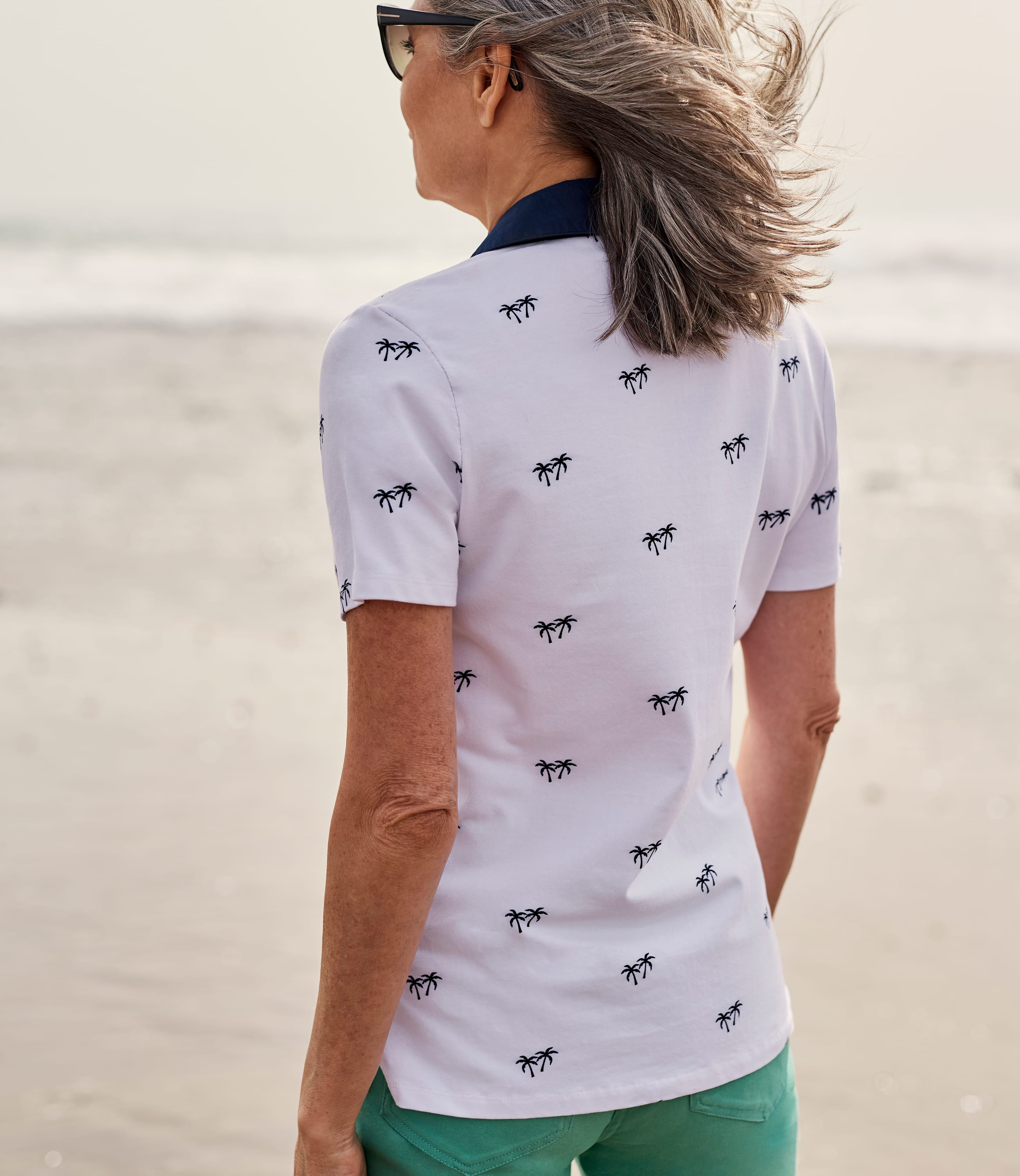 White/Navy Palm Womens Jersey Polo Shirt WoolOvers AU