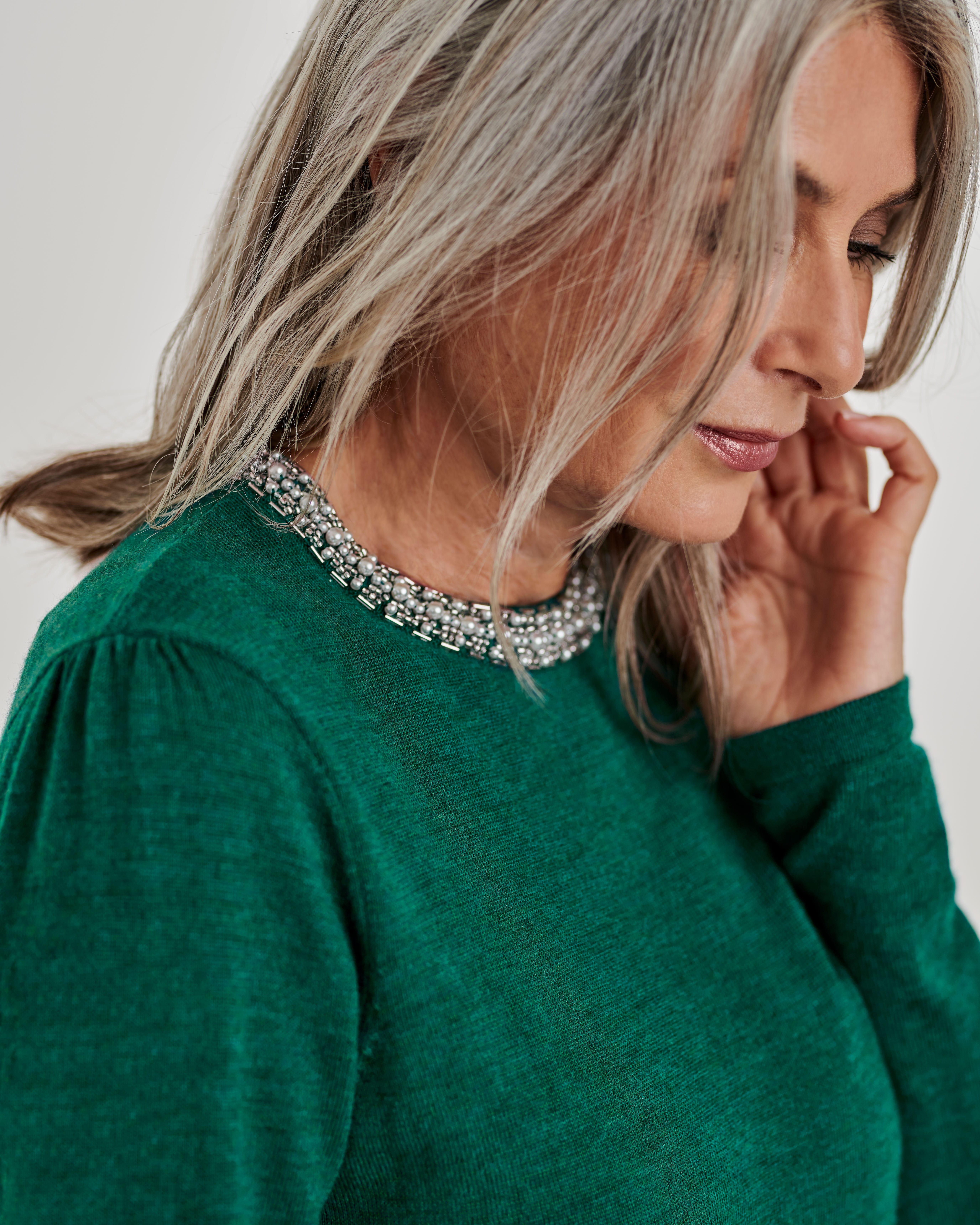 Green Womens Merino Embellished Neck Detail Jumper WoolOvers UK