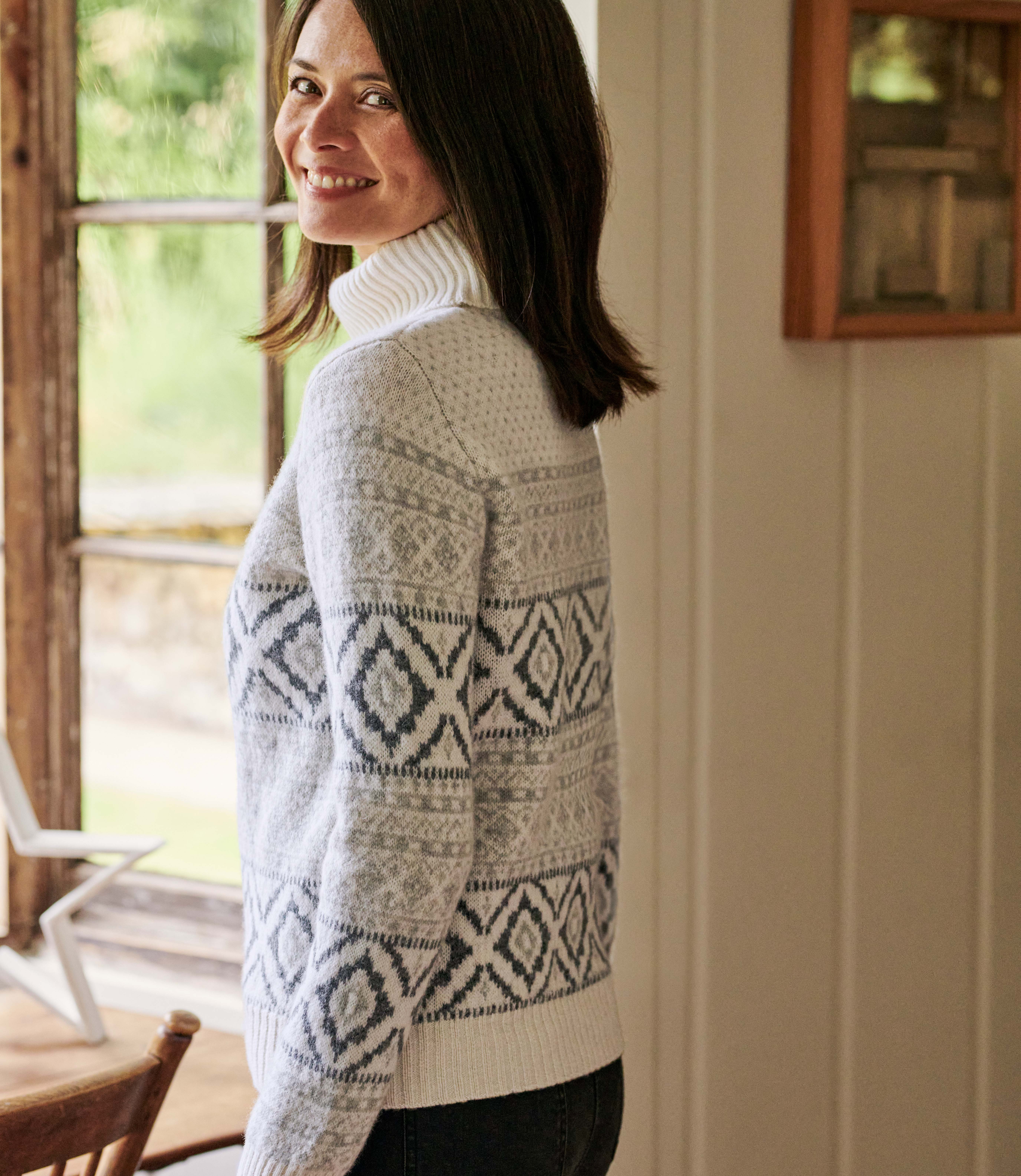 Cream/Grey Combo Womens Roll Neck All Over Fairisle Jumper WoolOvers UK