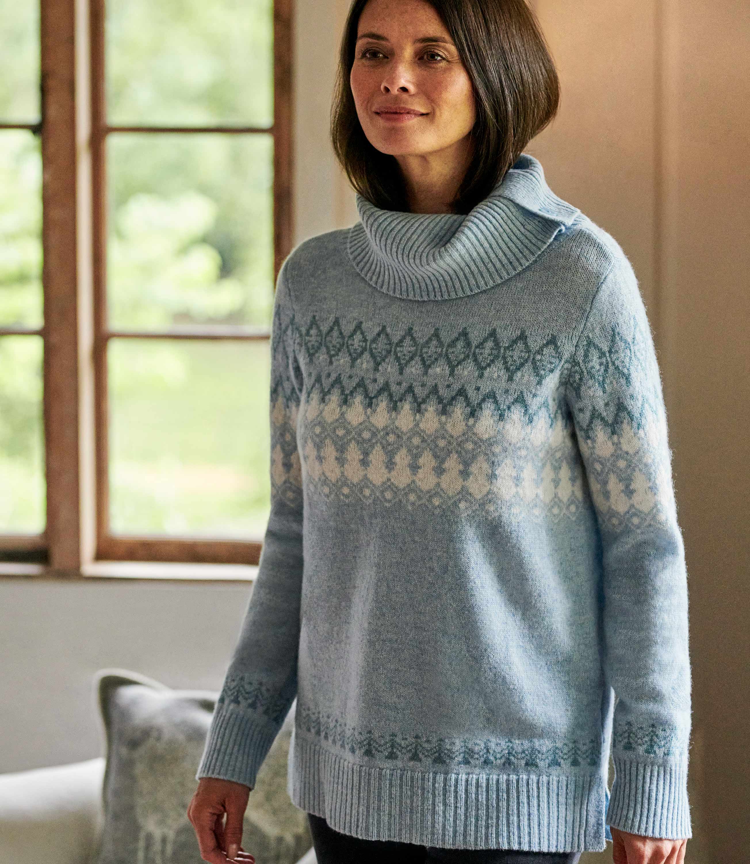 Blue Mist/Cream | Womens Fairisle With Side Button Neck | WoolOvers UK
