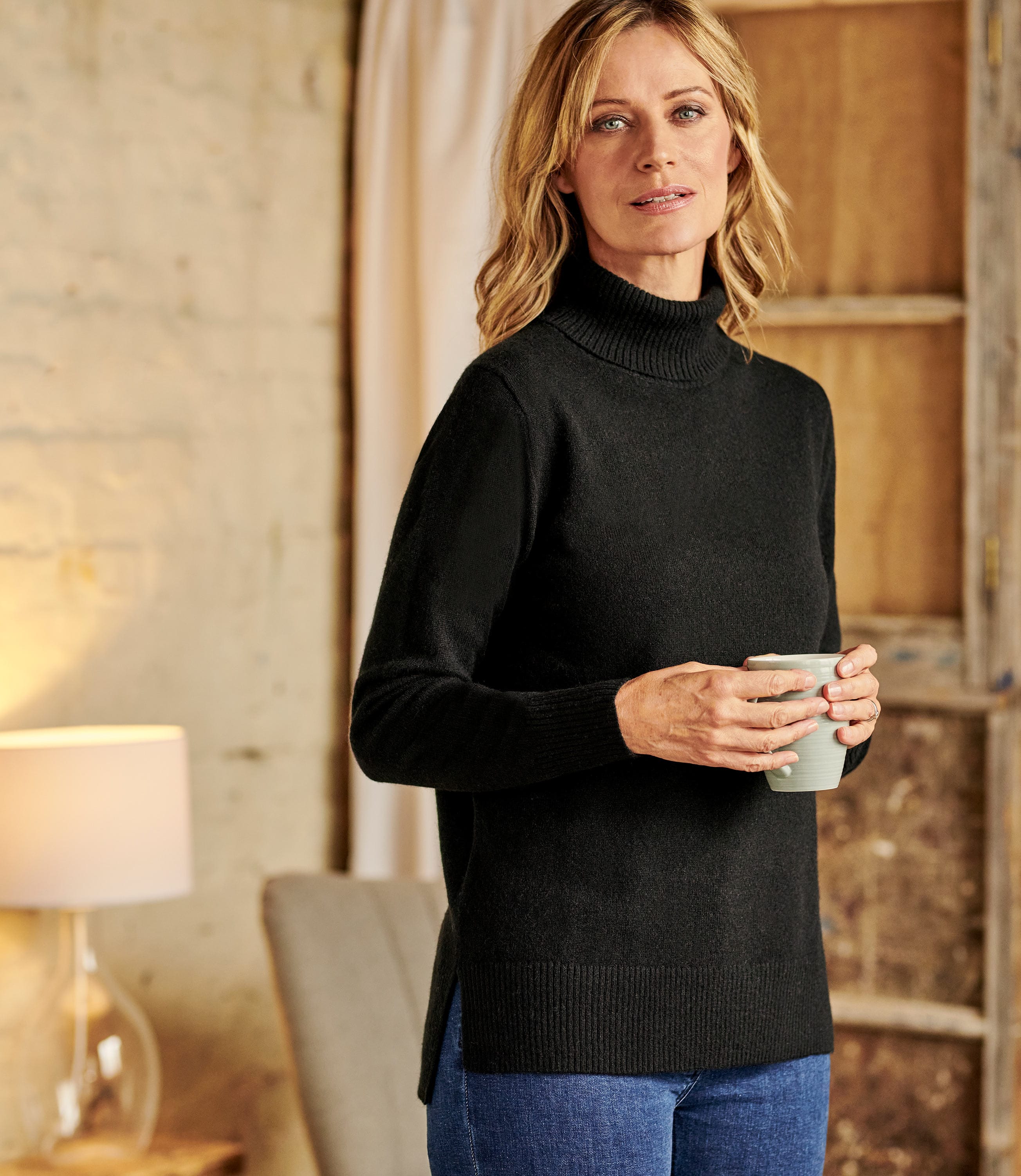 Black | Luxurious Cashmere Boxy Polo Neck Jumper | WoolOvers AU