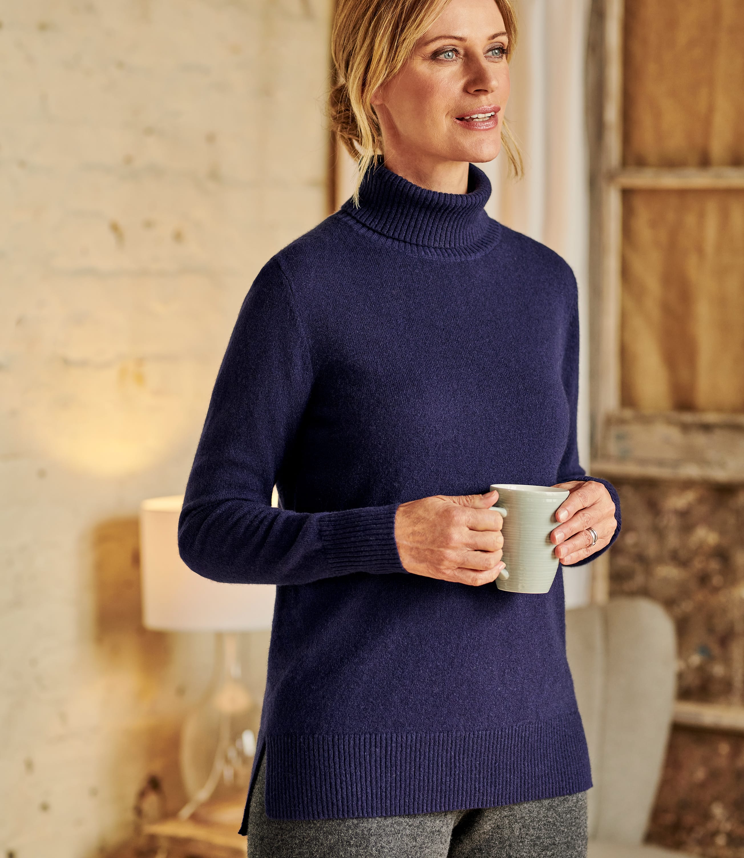 Navy | Luxurious Cashmere Boxy Polo Neck Jumper | WoolOvers UK