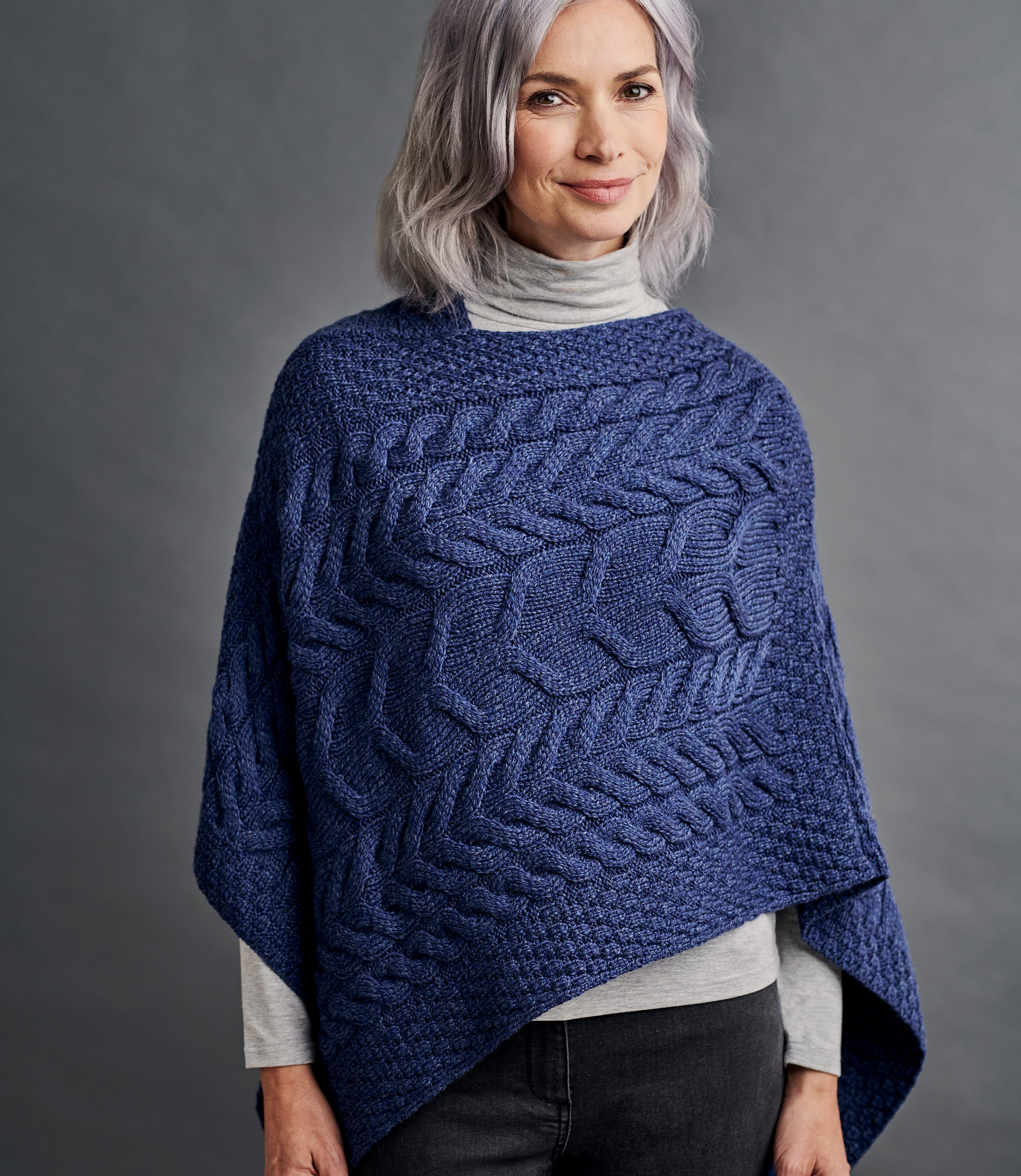 Denim Marl | Womens Merino Super Soft Cable Poncho | WoolOvers UK