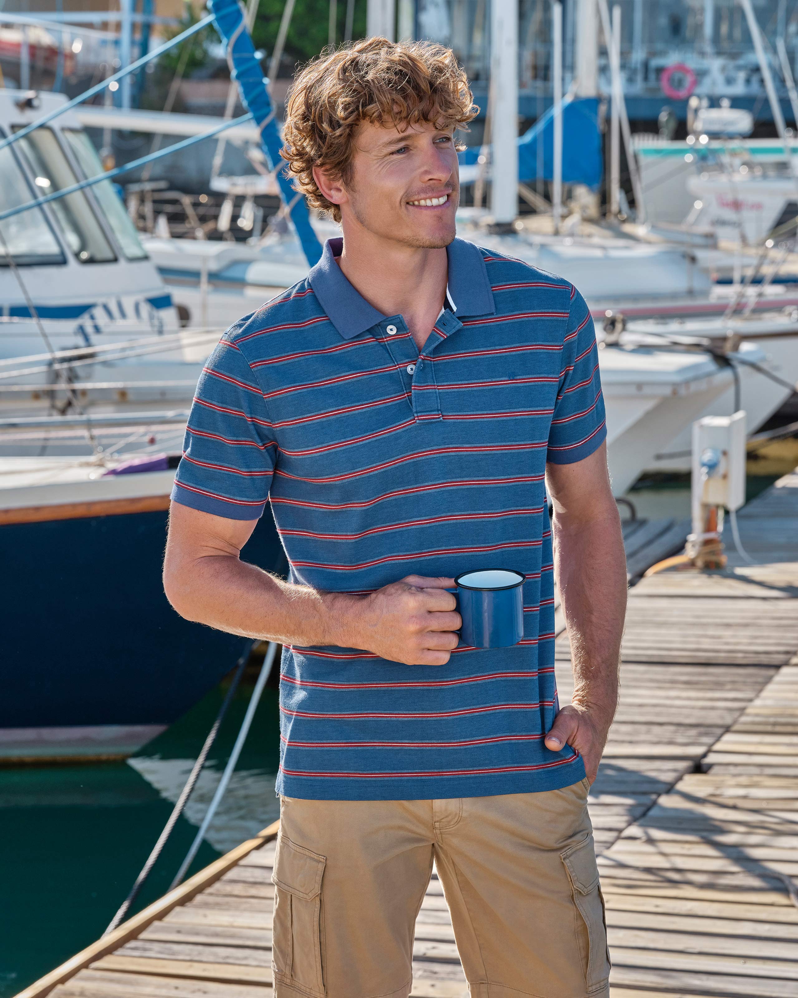 Mid Blue/Red Stripe | Cotton Interest Pique Polo Shirt | WoolOvers UK