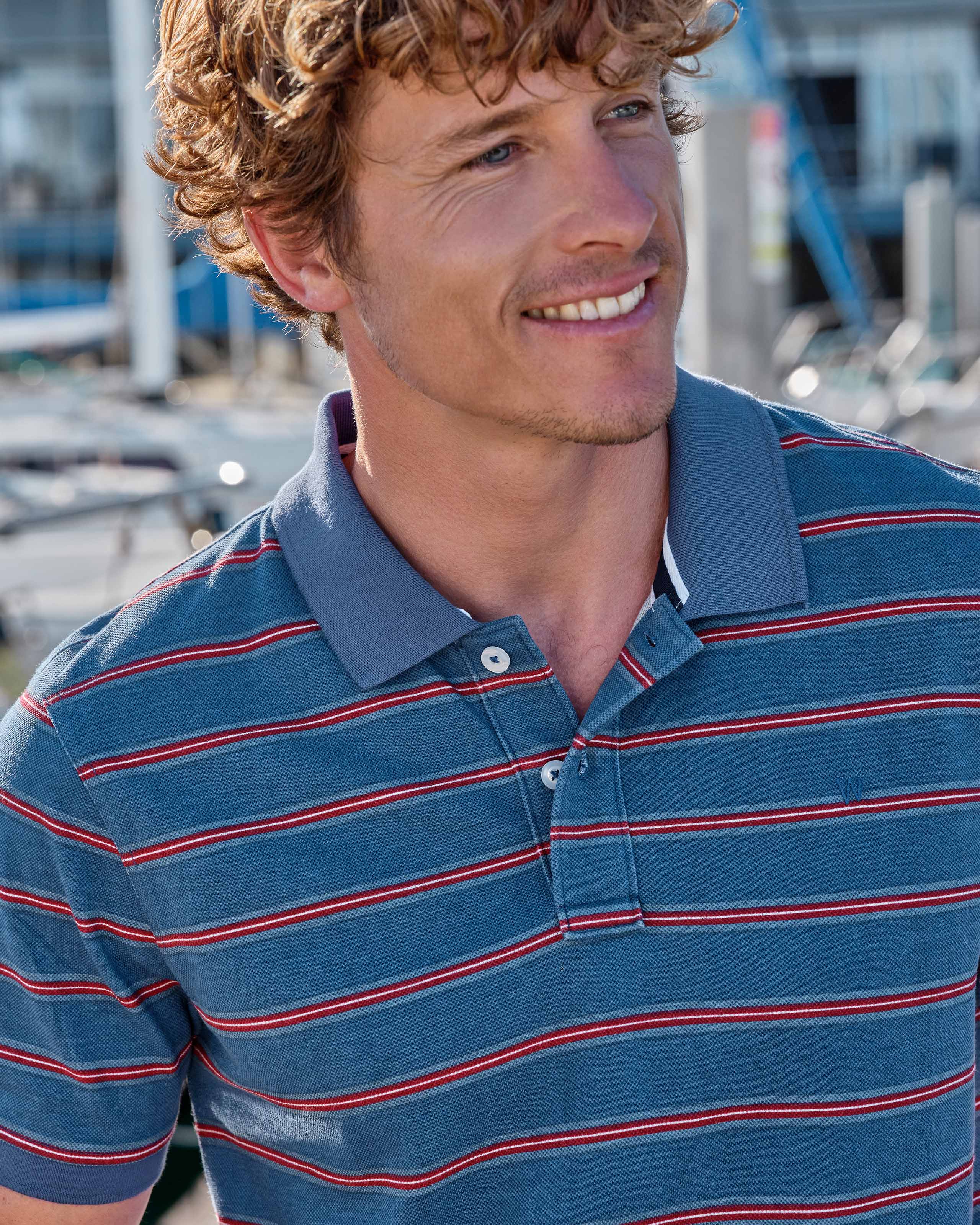Mid Blue/Red Stripe | Cotton Interest Pique Polo Shirt | WoolOvers UK