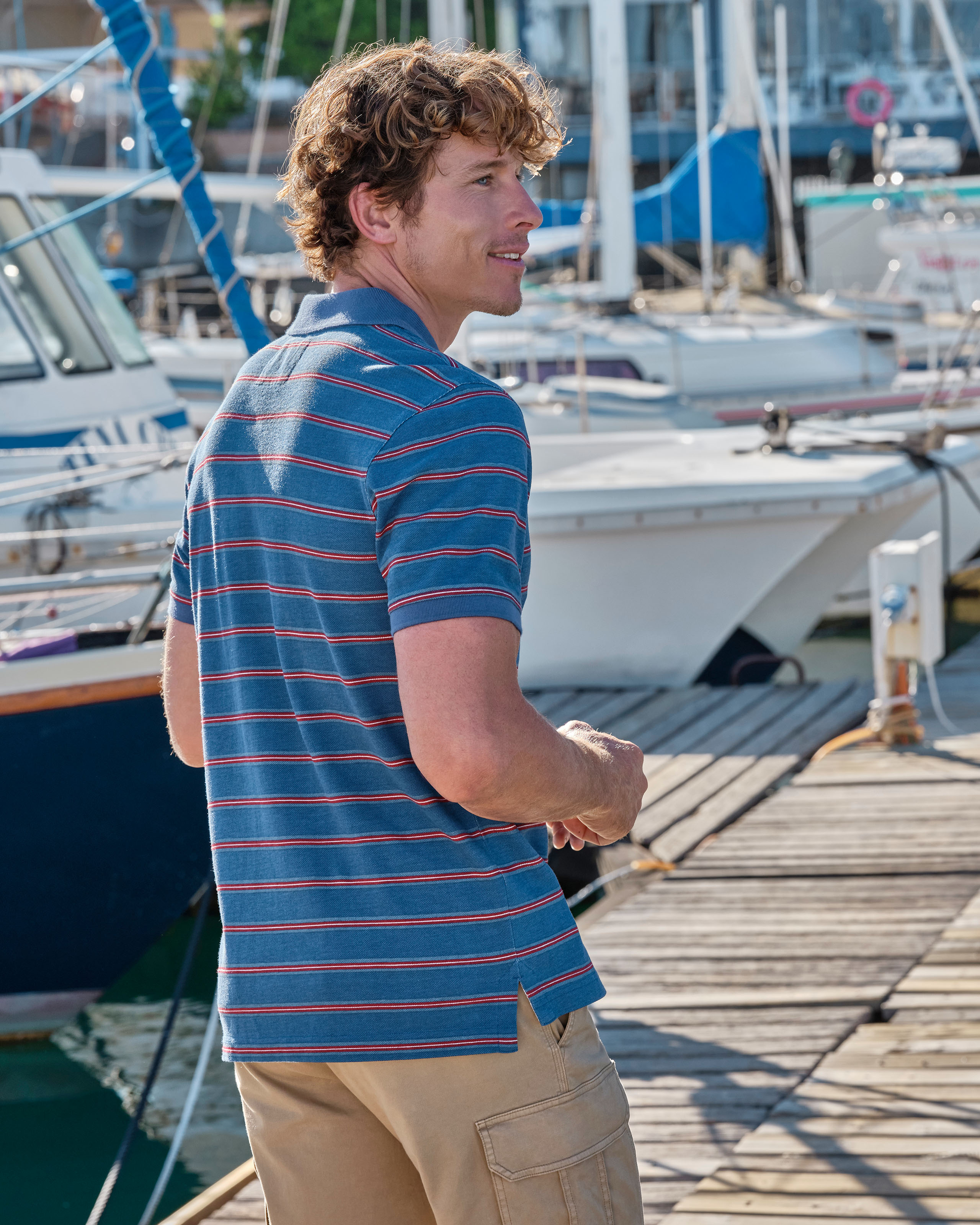 Mid Blue/Red Stripe | Cotton Interest Pique Polo Shirt | WoolOvers UK