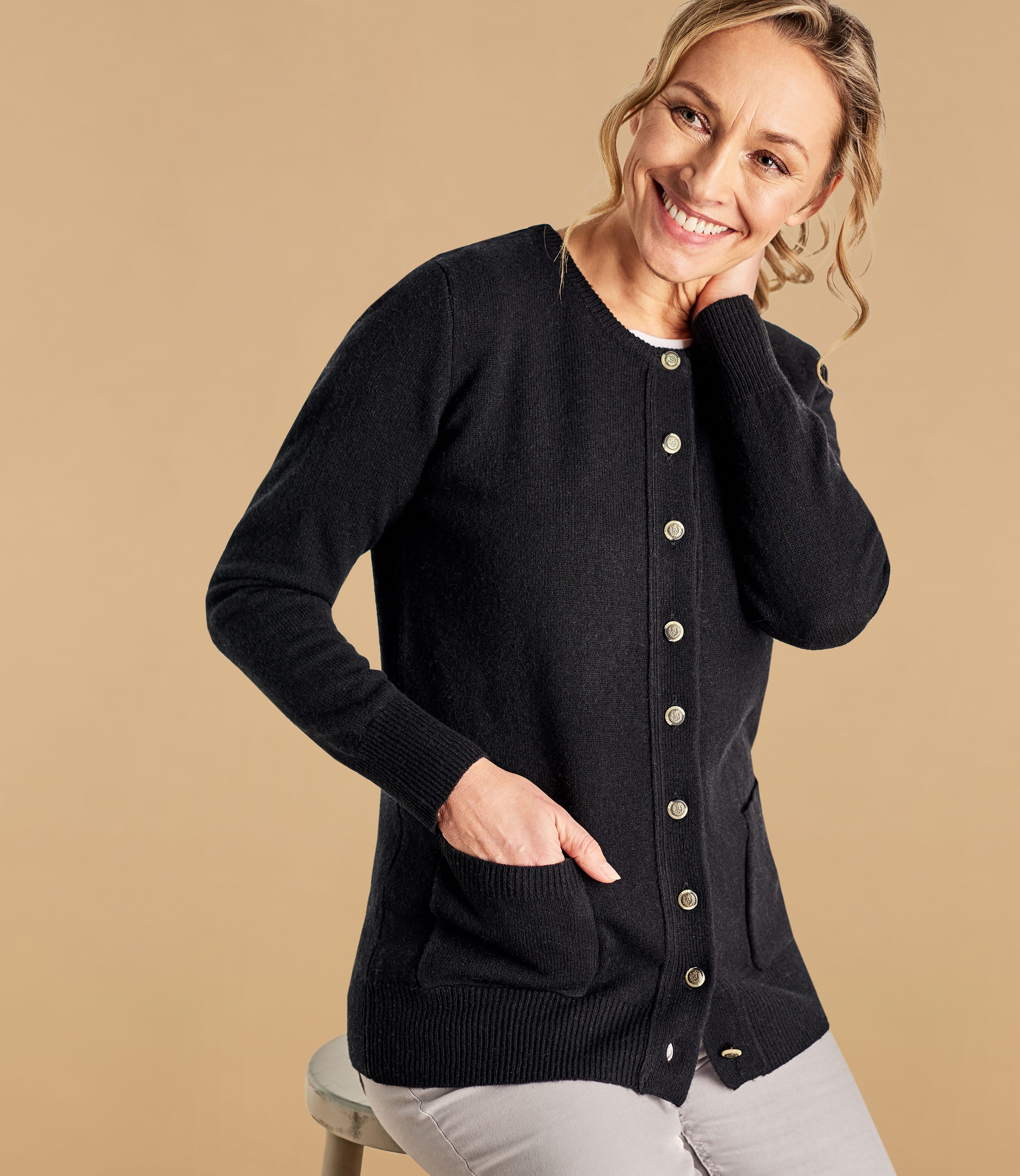 Noir b ne Cardigan    col rond Femme  Laine d agneau 