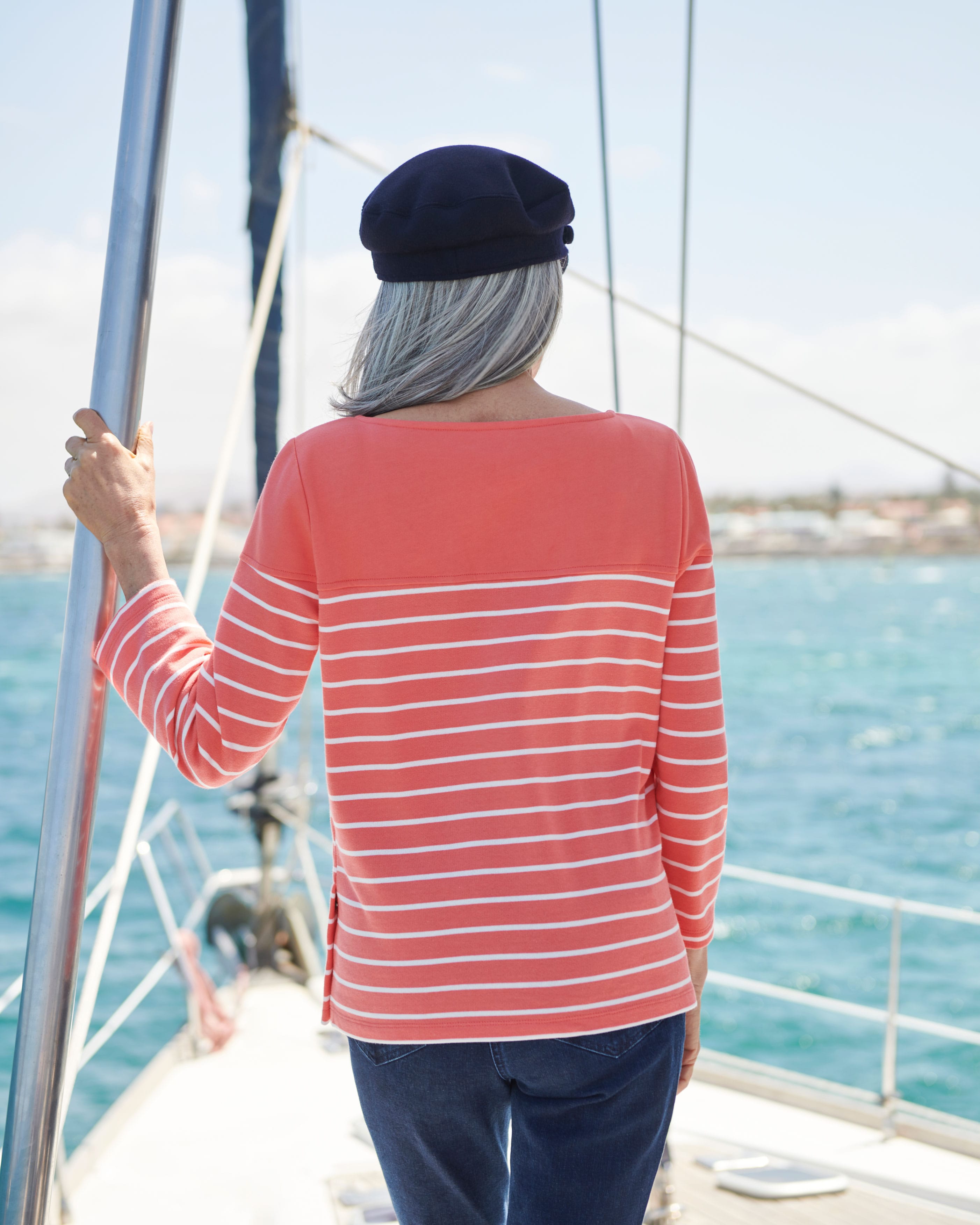 Apricot/Ivory Stripe Contrast Yoke Button Top WoolOvers UK