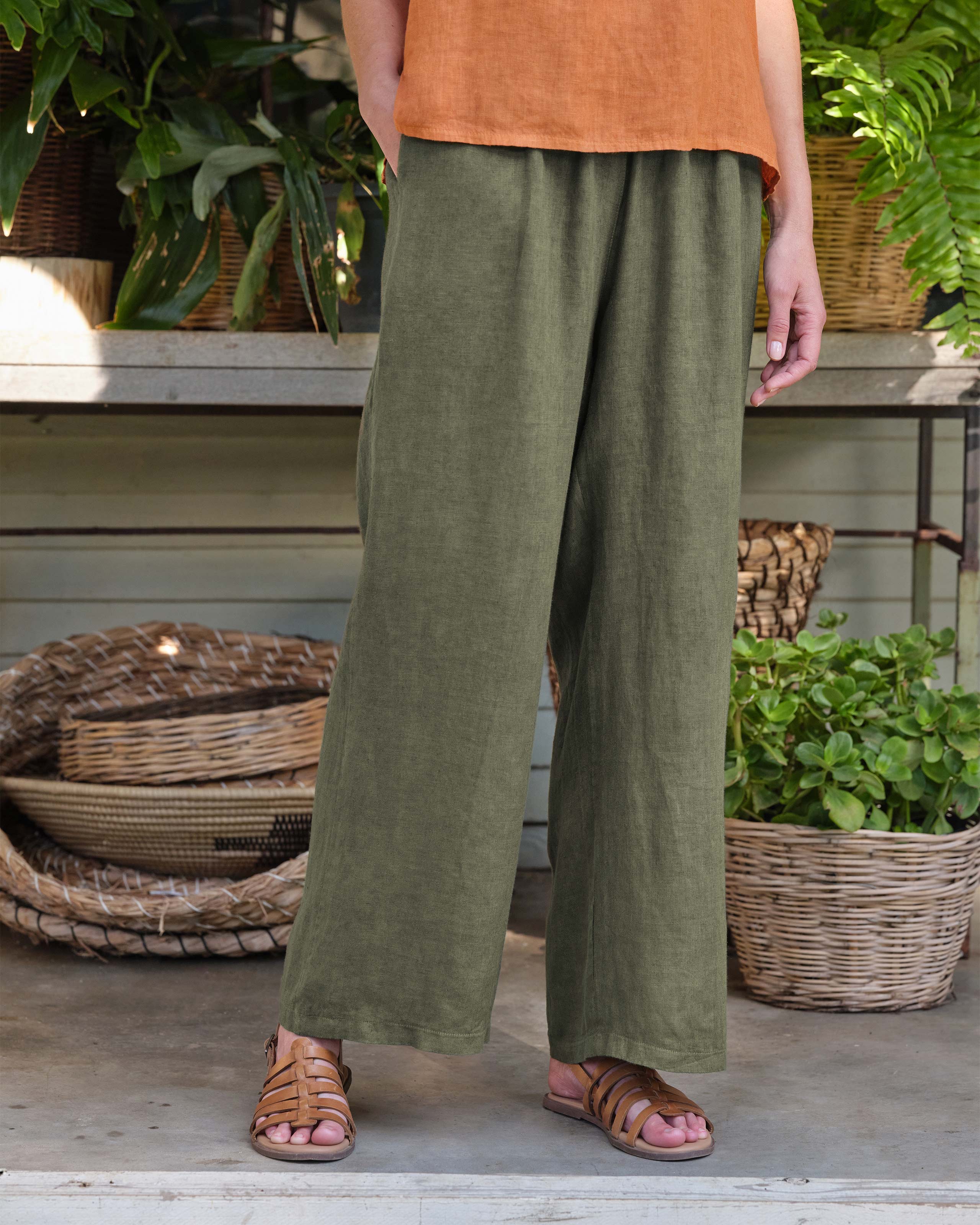 Khaki Green Linen Wide Leg Trouser Woolovers Us