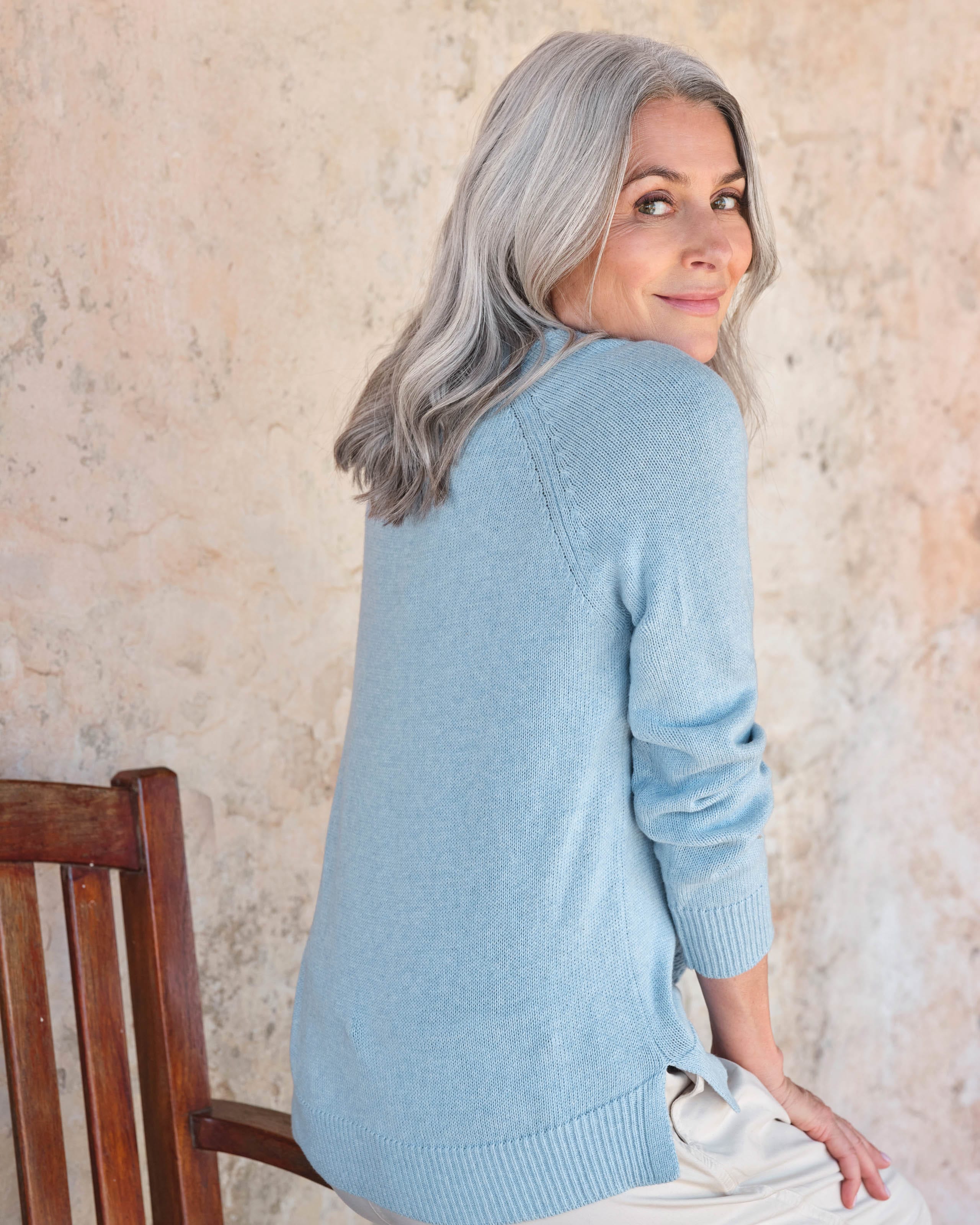 Light Blue | Pointelle Front Panel Jumper | WoolOvers UK