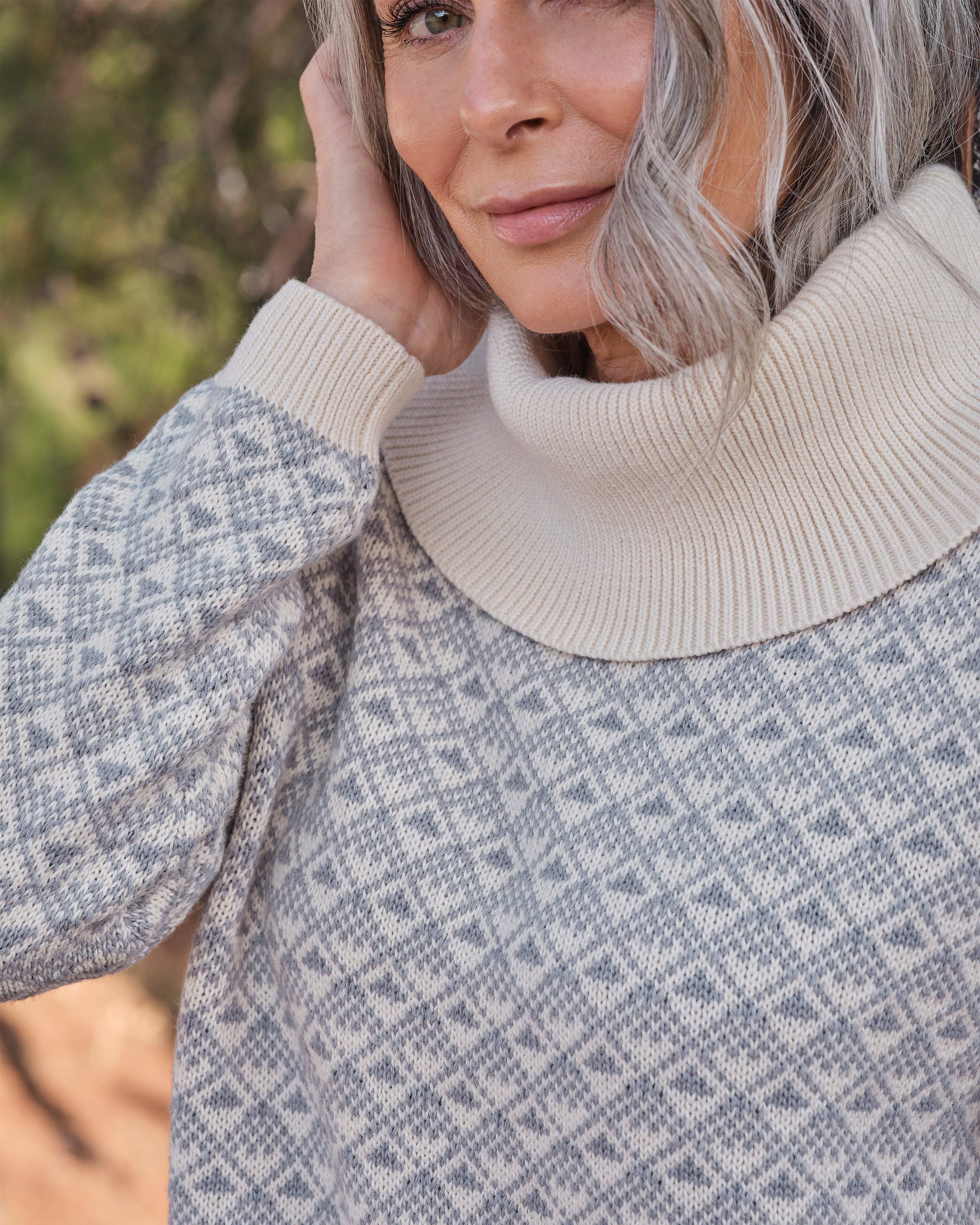 Cream/Grey | Diamond Geo Patterned Roll Neck Jumper | WoolOvers UK