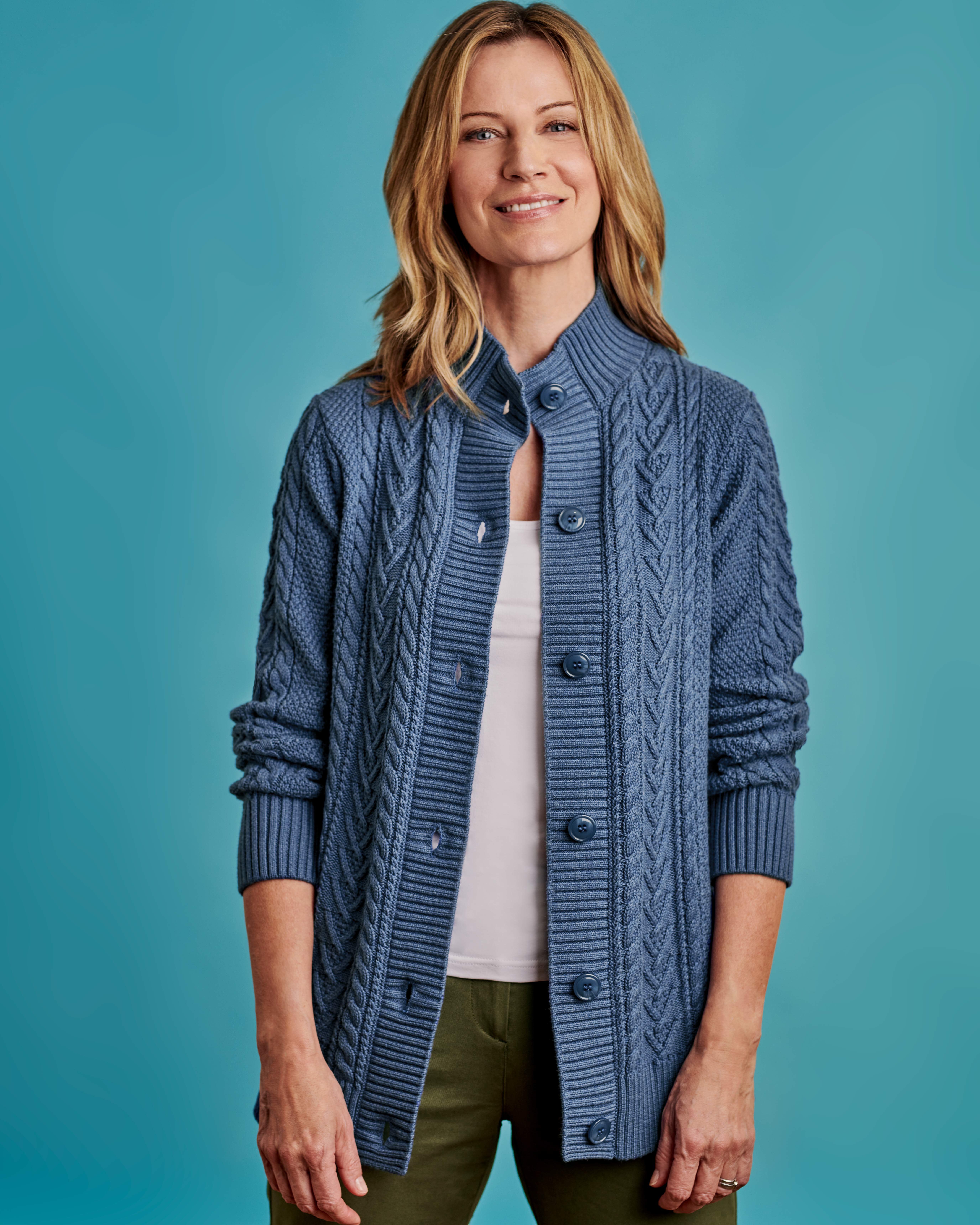 Dark Blue Marl | Cable High Neck Button Cardigan | WoolOvers US