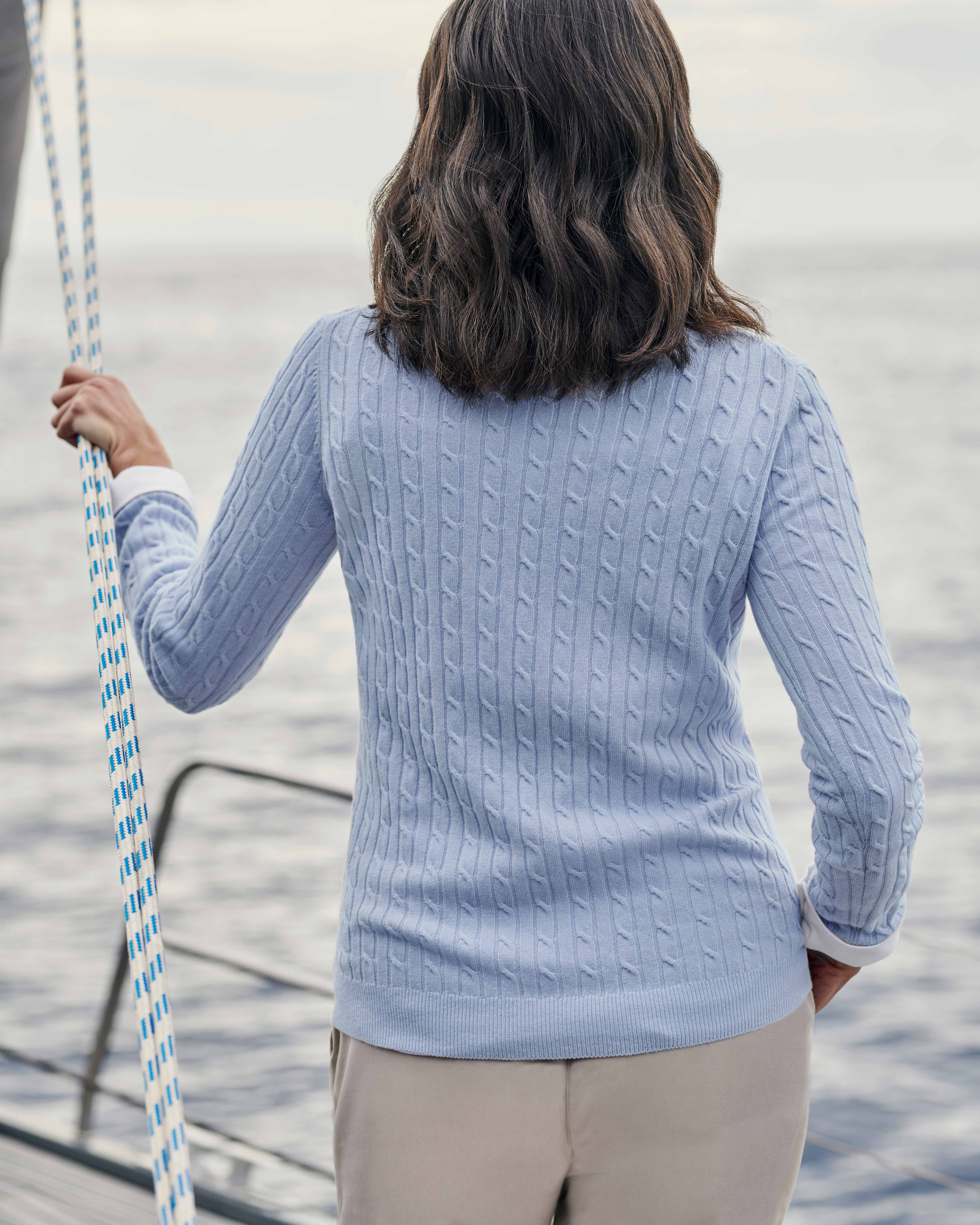 Powder Blue | Cashmere Merino Cable Crew Neck Jumper | WoolOvers UK