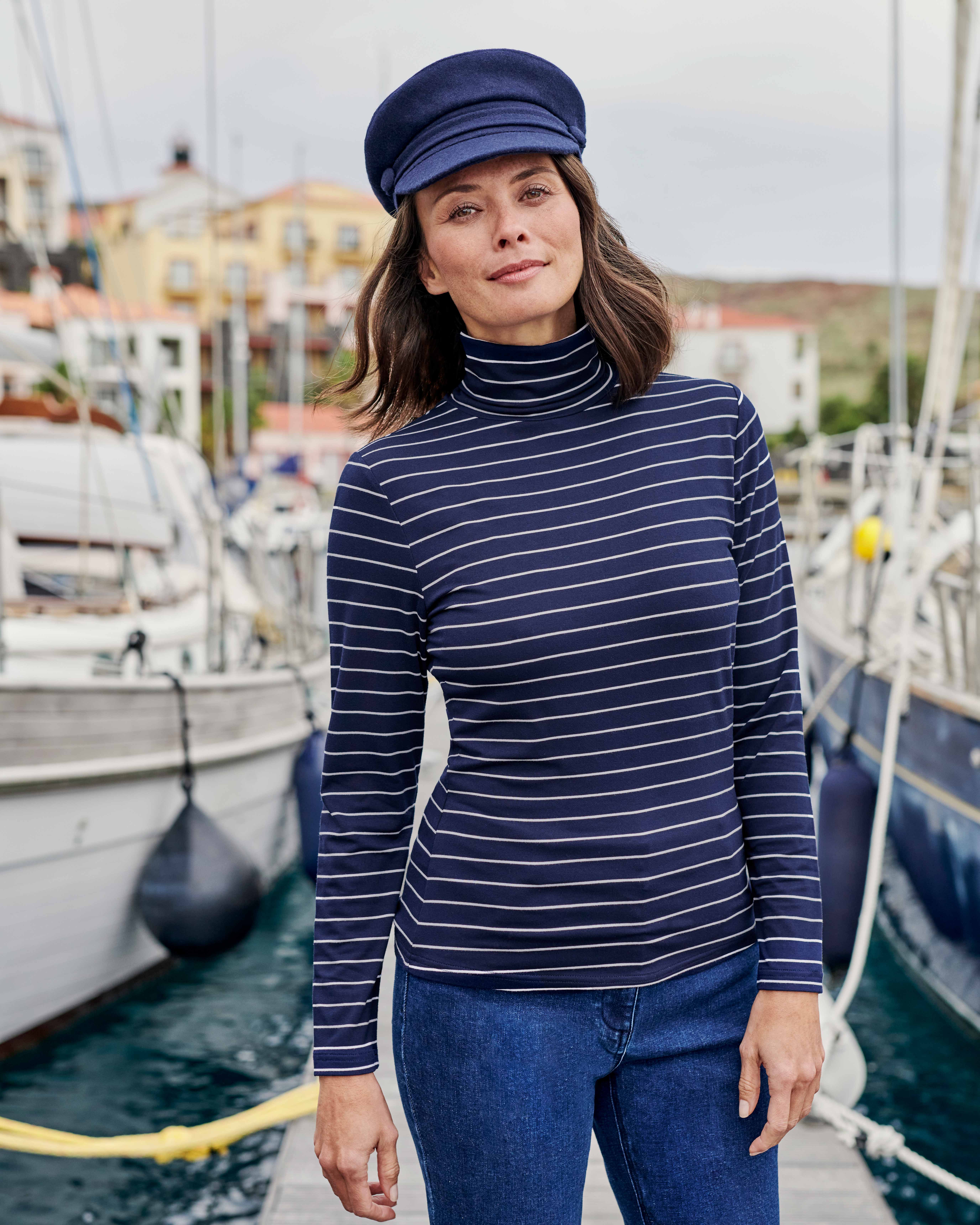 women's striped polo neck top