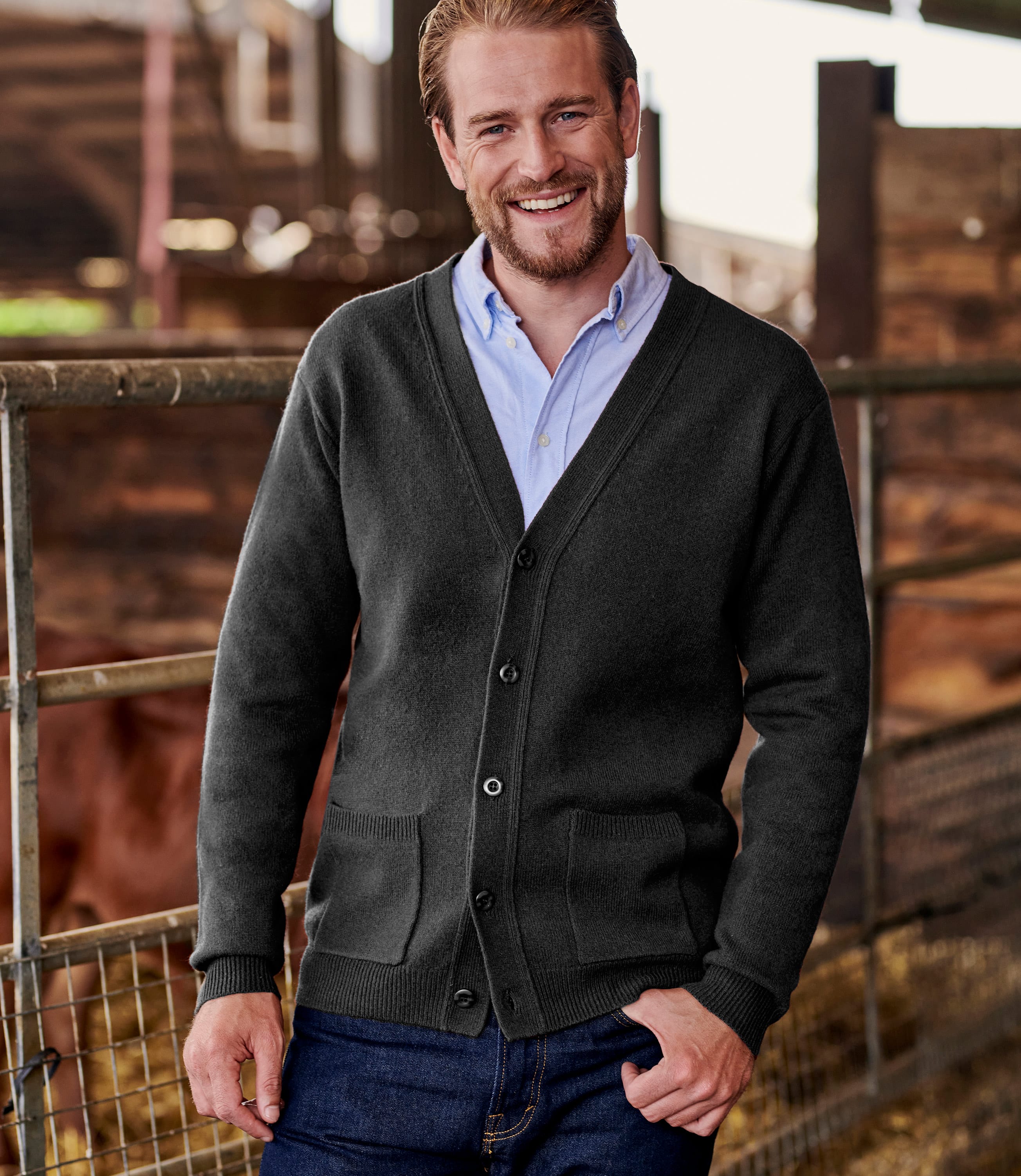 Charcoal | Mens Lambswool V Neck Cardigan | WoolOvers AU