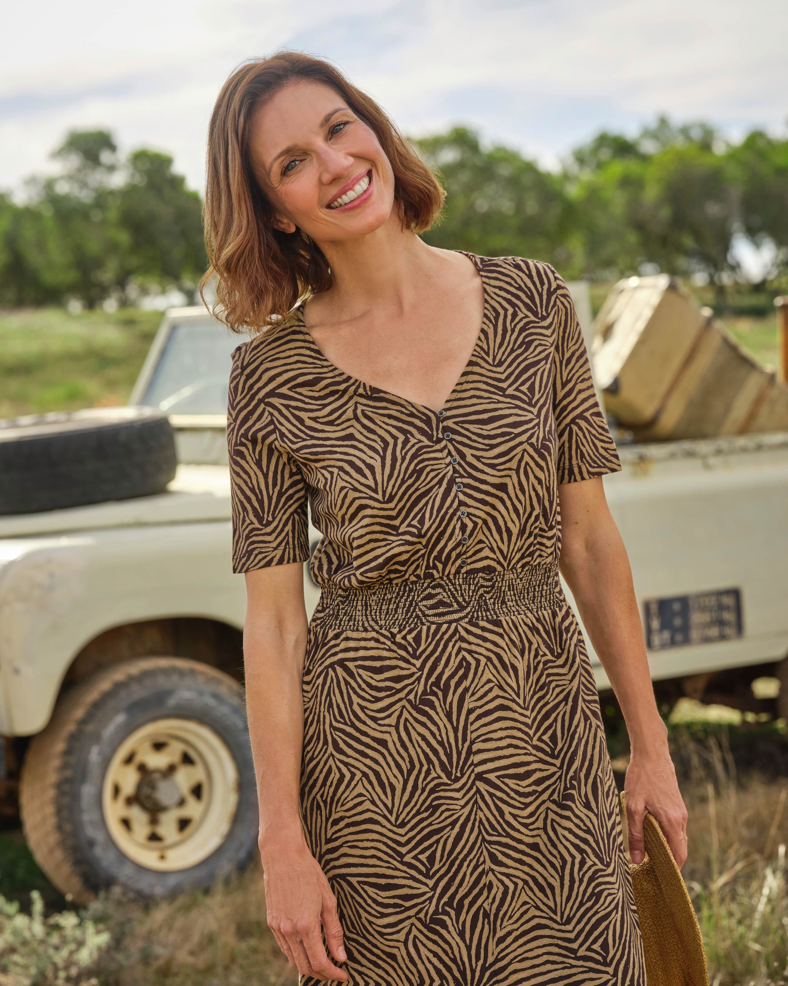 Blurred Animal Print | Shirred Waist Jersey Dress | WoolOvers AU