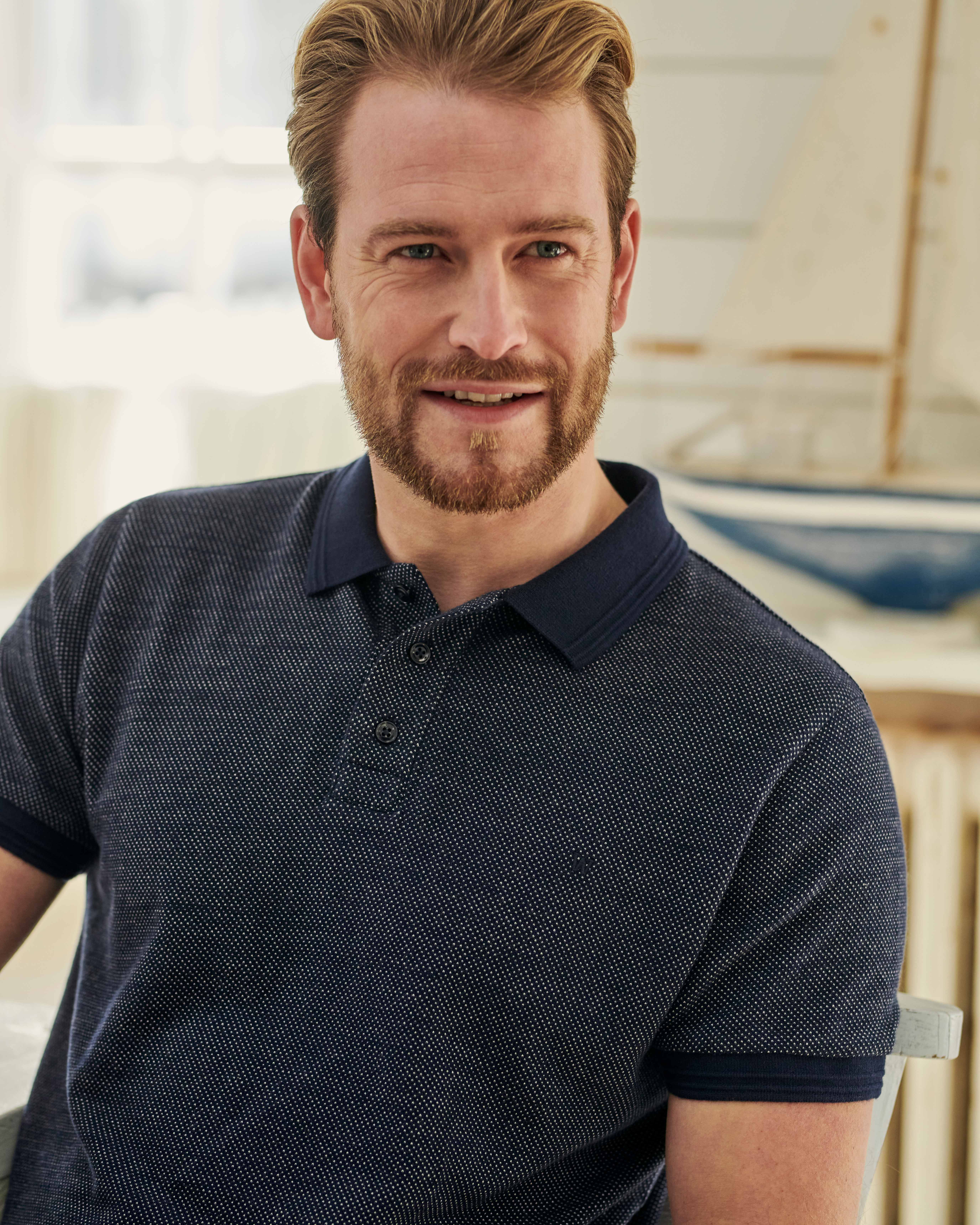 Navy Textured Spot Mens Jersey Polo Shirt WoolOvers UK