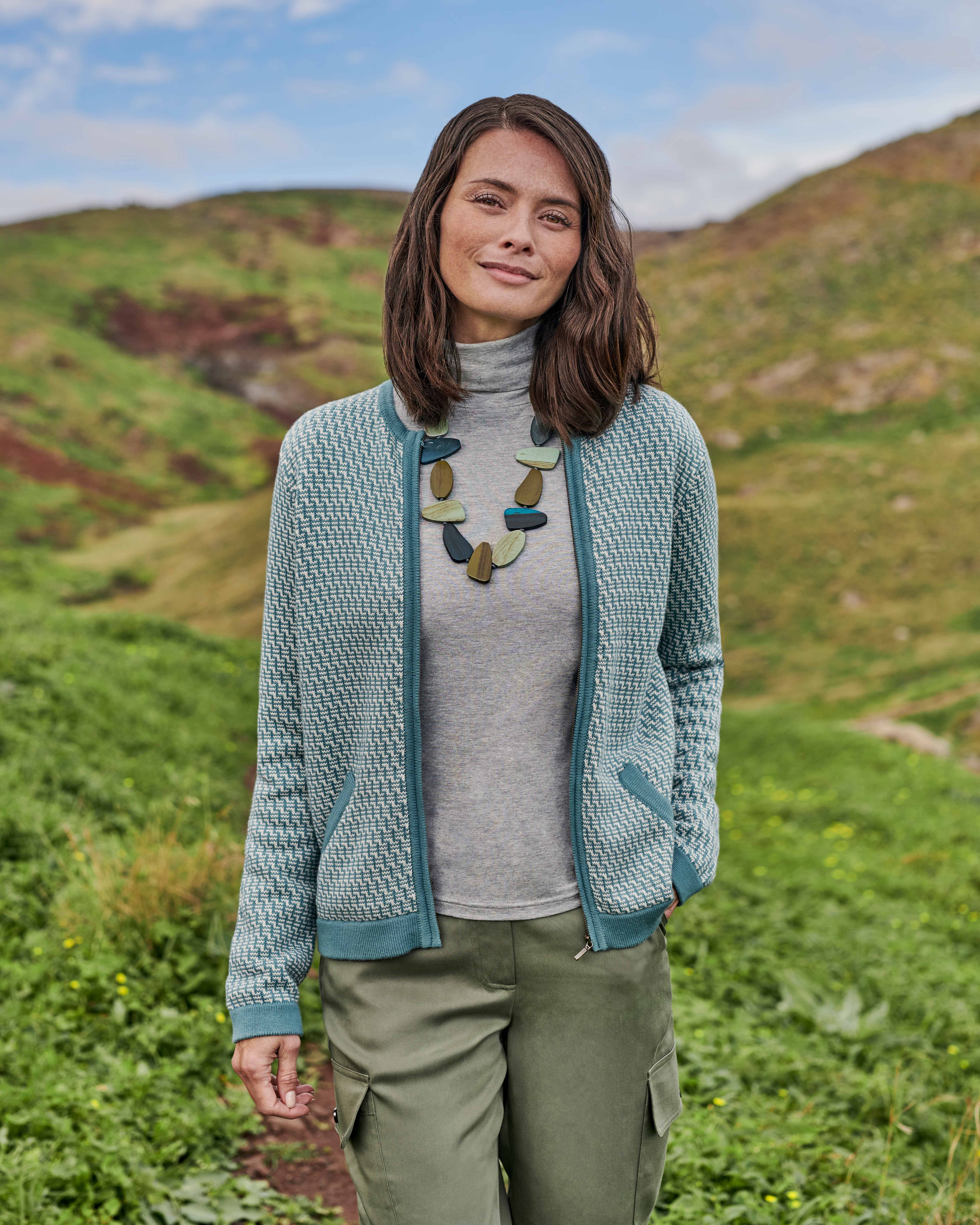 Teal Sky / Cream Organic Cotton Patterned Zip Up Cardigan WoolOvers UK