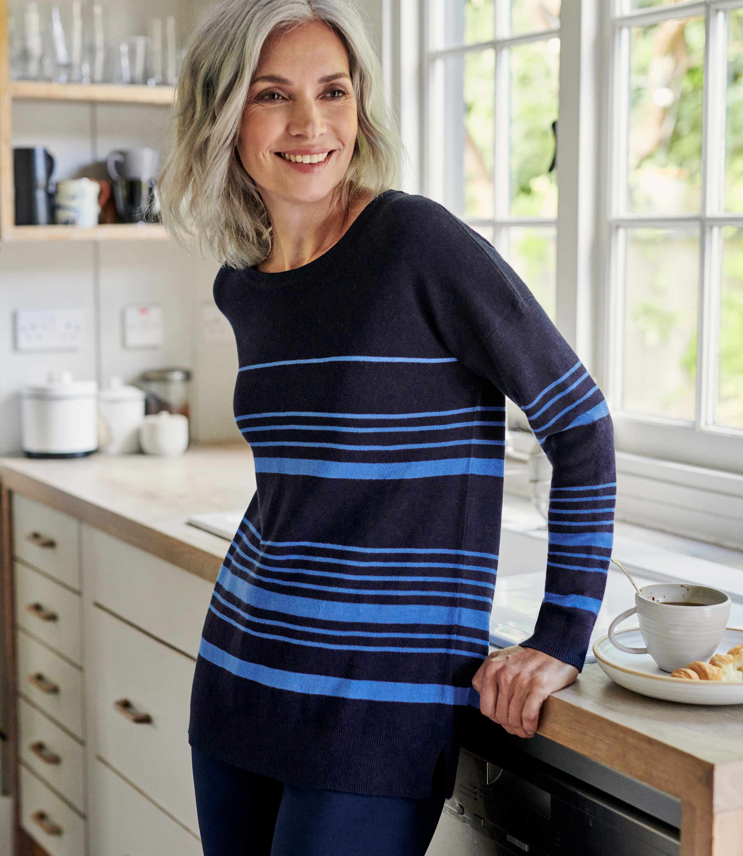 Navy/Cornflower Womens Cotton Blend Relaxed Stripe Jumper WoolOvers UK