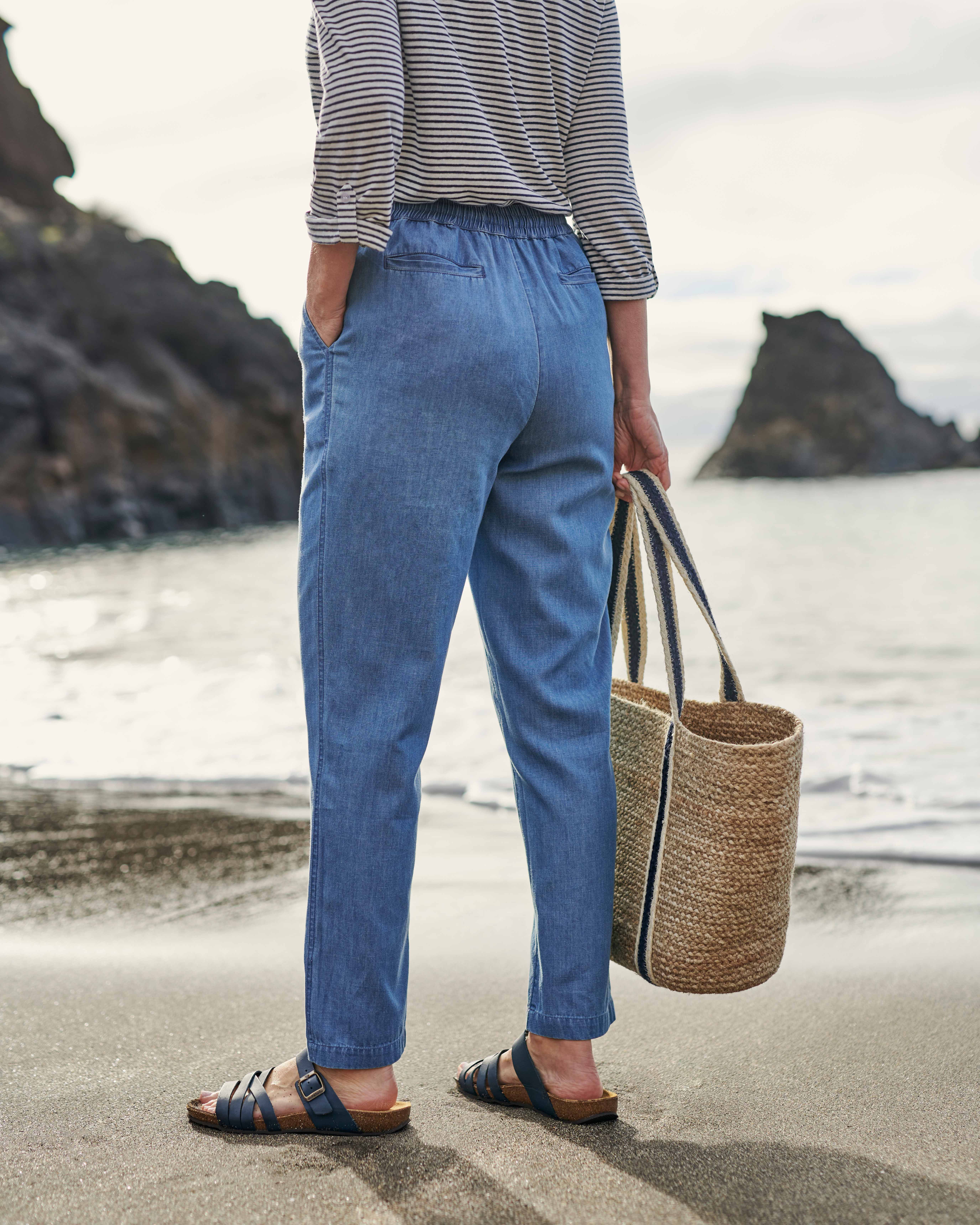 Mid Denim Blue | Chambray Tapered Leg Trousers | WoolOvers AU