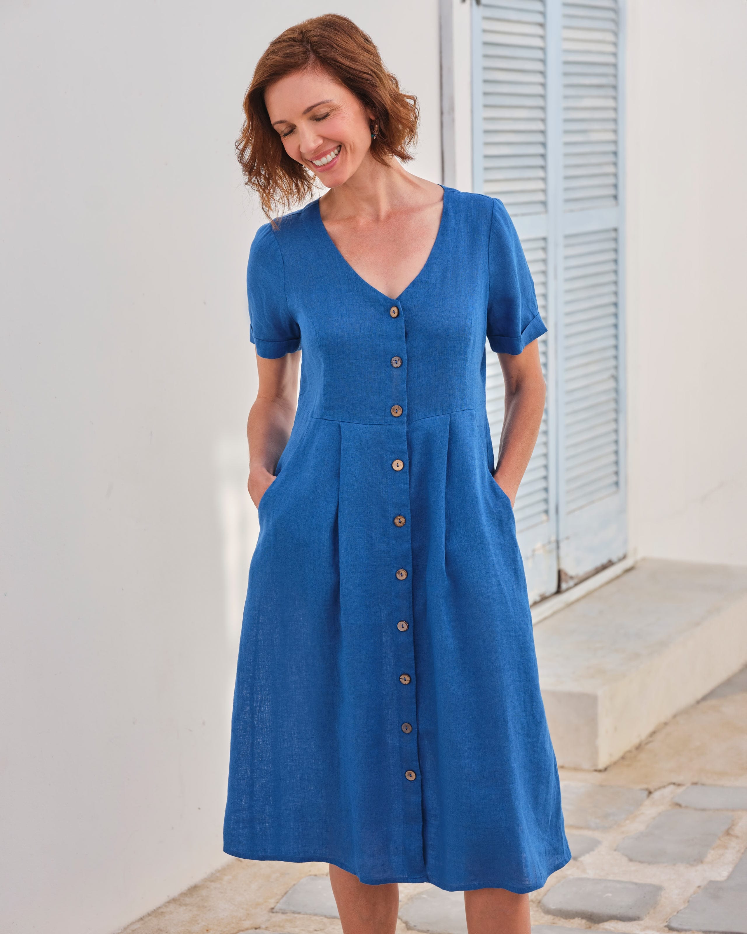 Musselin Kleid Damen - Leinenkleid Mit Taschen Und Knopfleiste