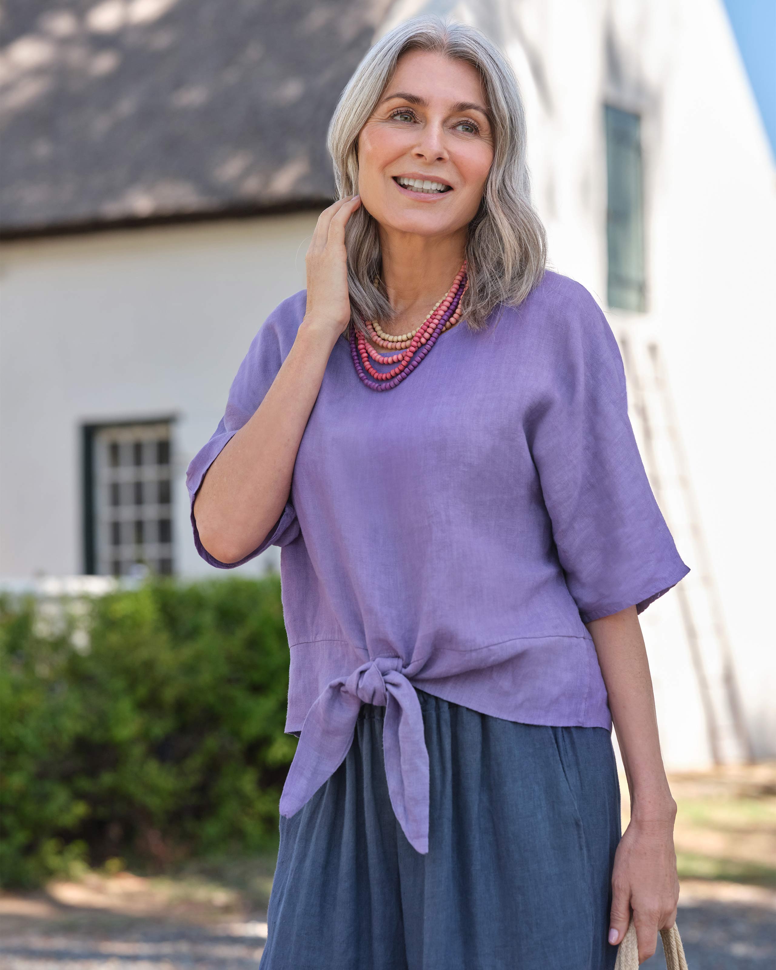 Purple Tulip 100 Linen Linen Tie Front Top