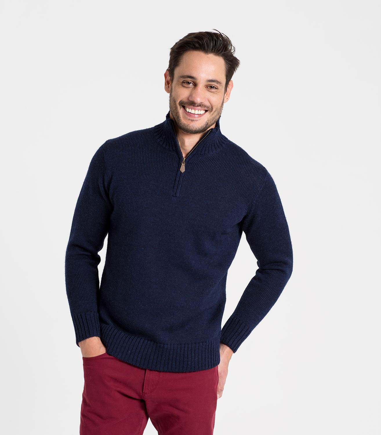 Bleu nuit Pull à col zippé Country Homme Pure Laine Woolover FR