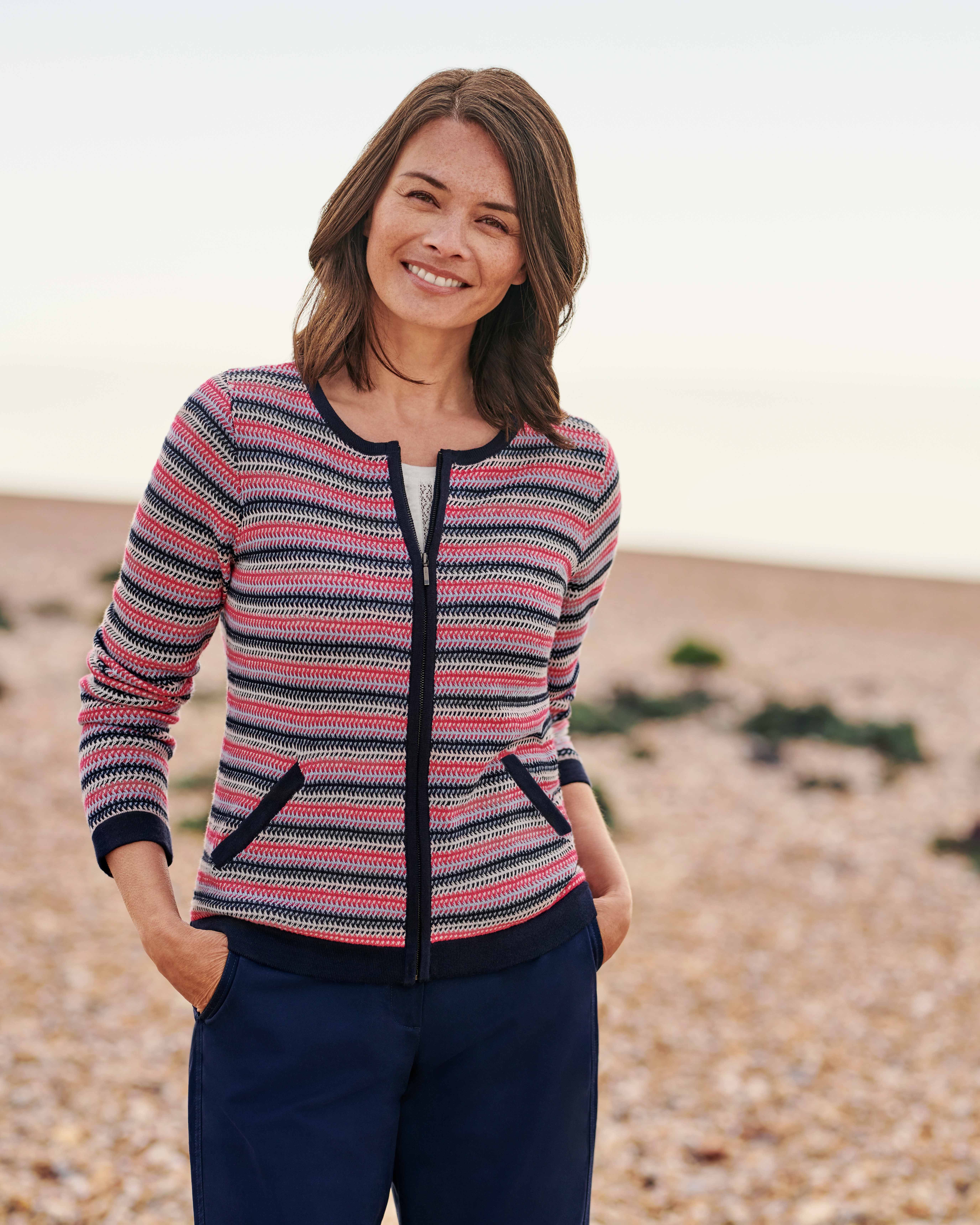 WoolOvers Womens Organic Cotton Textured Stripe Full Zip Cardigan ...