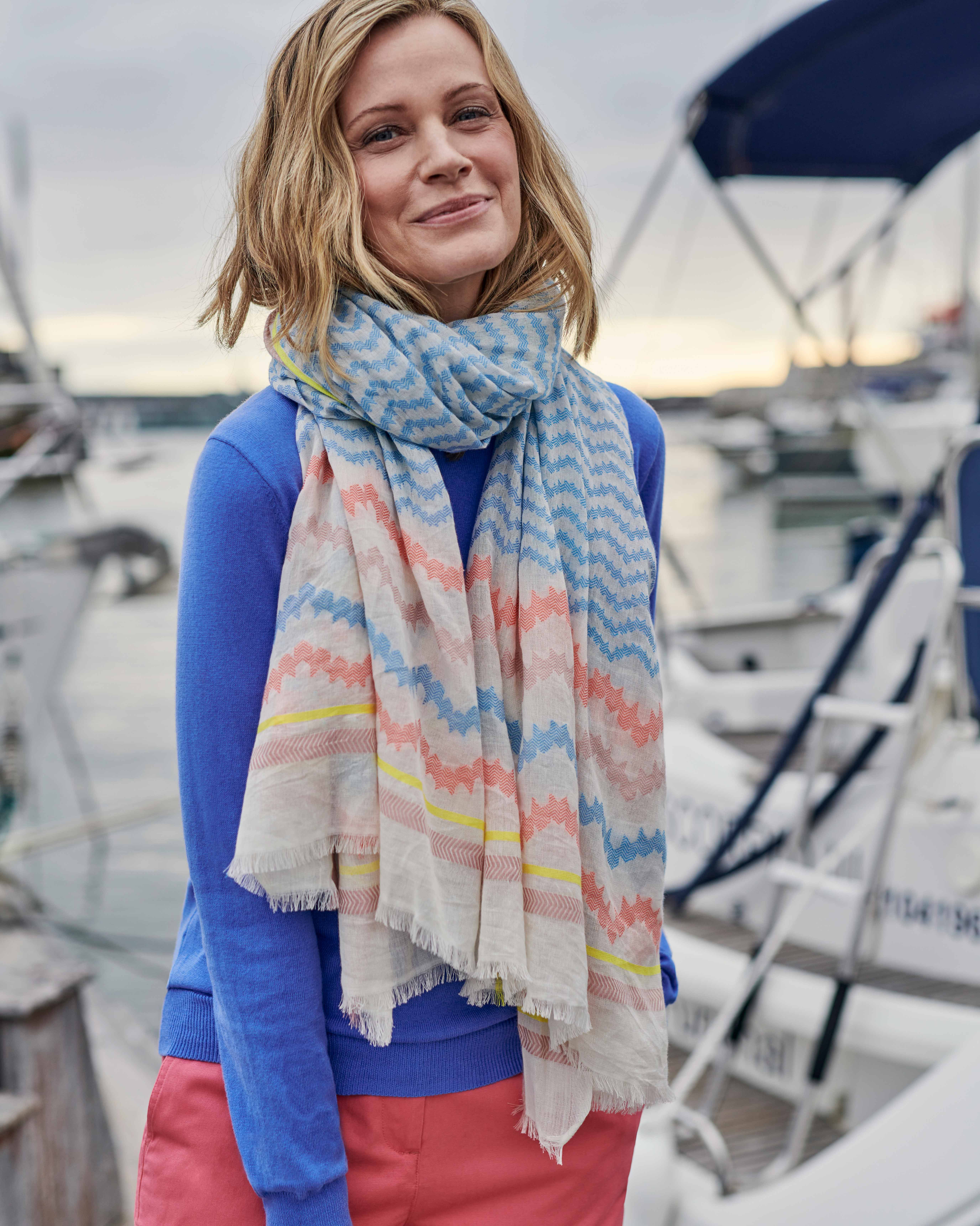 Brilliant Blue/Coral Stripe Jacquard Wave Cotton Scarf WoolOvers UK