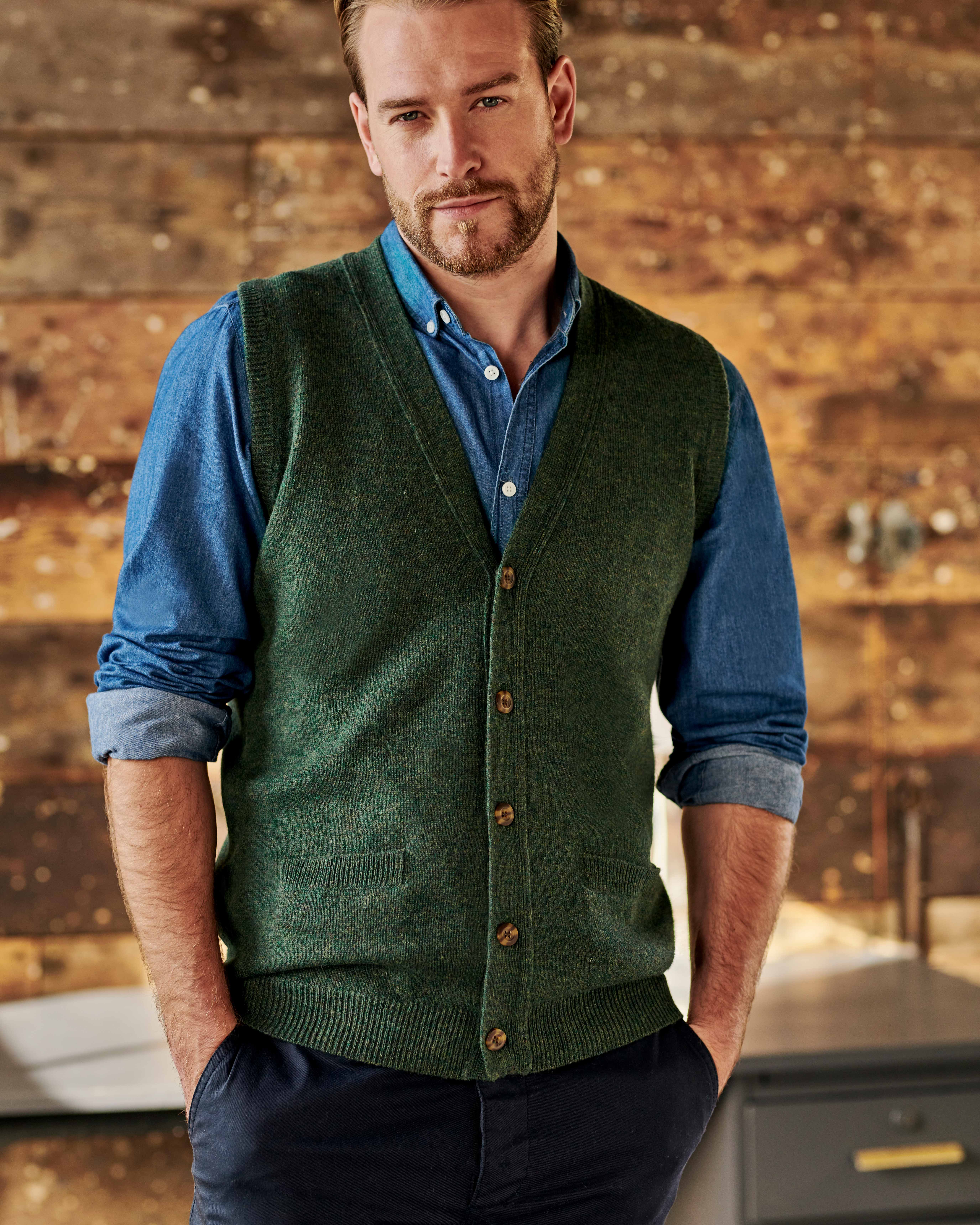 Tweed Green | Mens Lambswool Knitted Vest | WoolOvers US