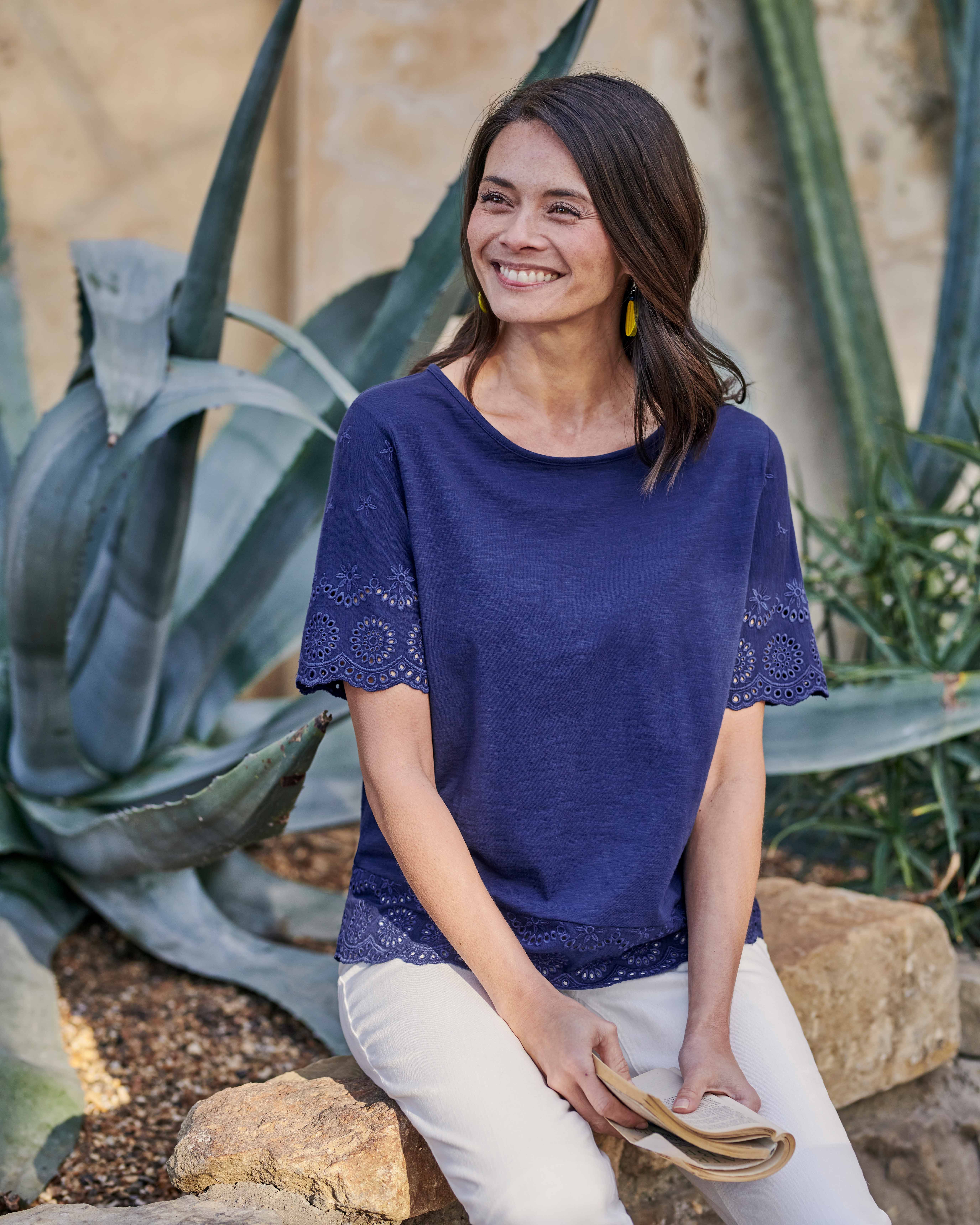 Mid Navy | Embroidered Sleeve Top | WoolOvers AU