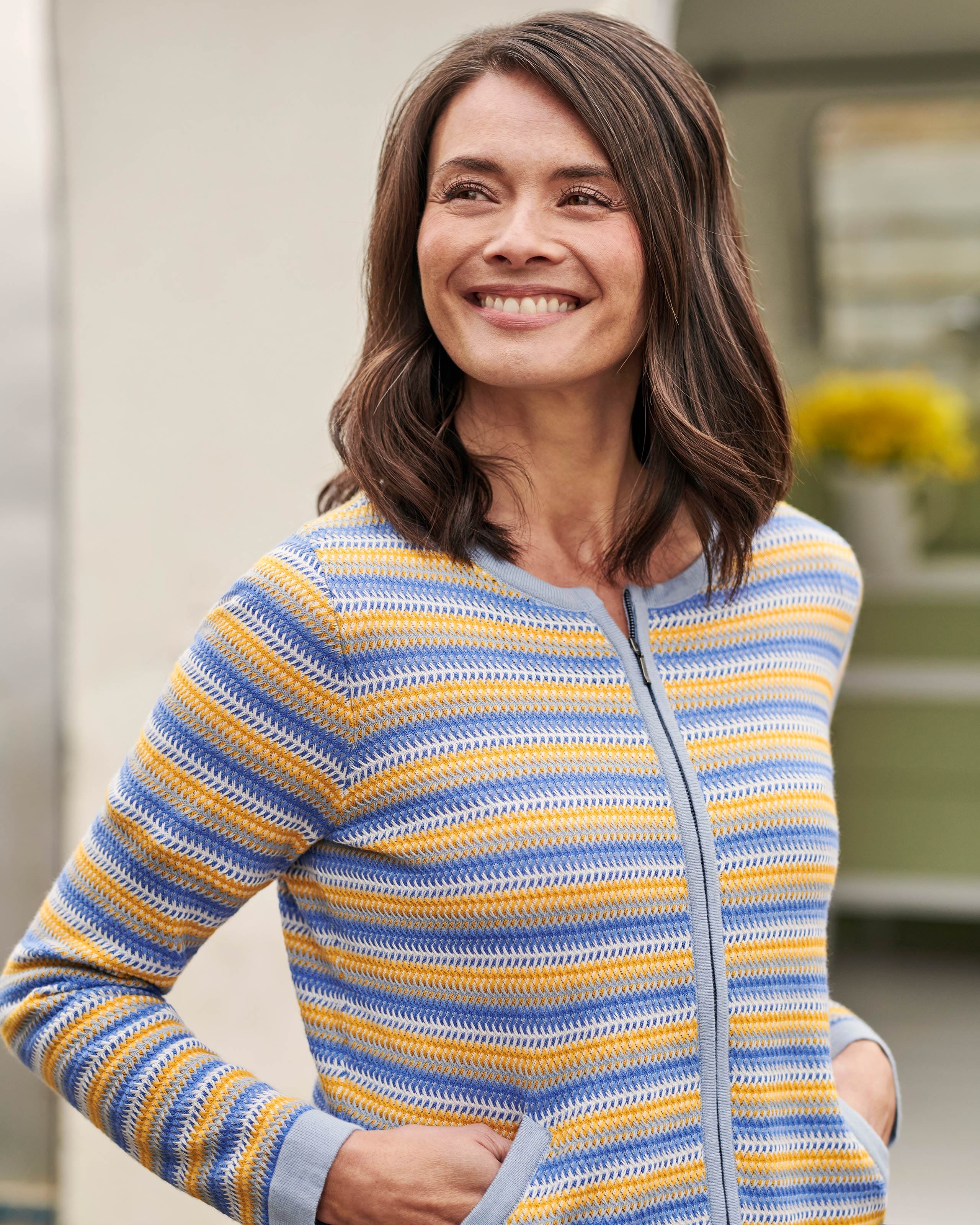 Blue/Yellow Check Organic Cotton Lightweight Textured Stripe Zip Up