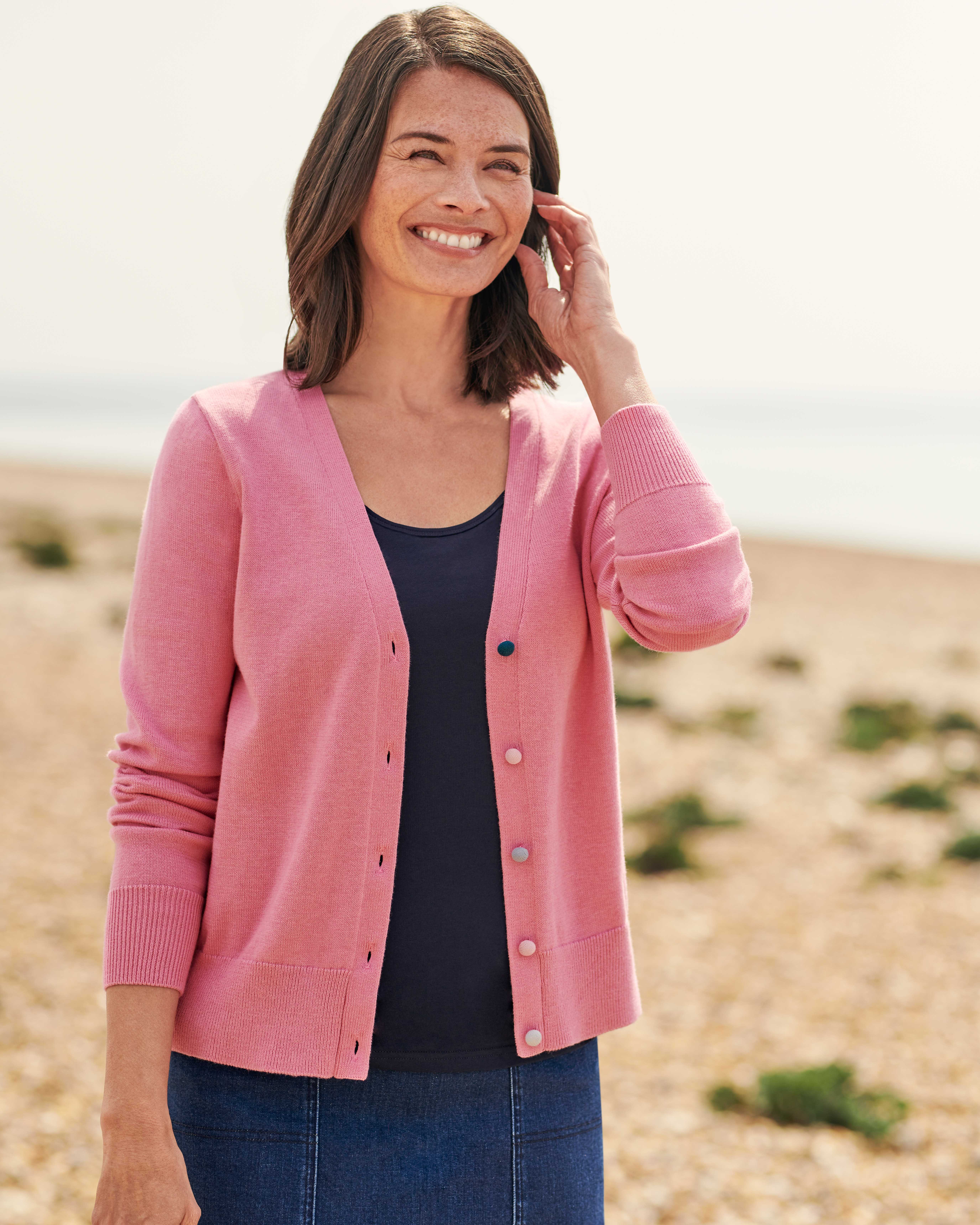 Candy Pink | Organic Cotton Multi Button V Neck Cardigan | WoolOvers US