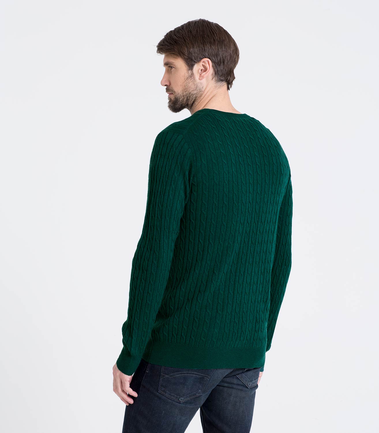 Bottle Green | Mens Cashmere & Merino Cable Crew Neck Jumper | WoolOvers UK