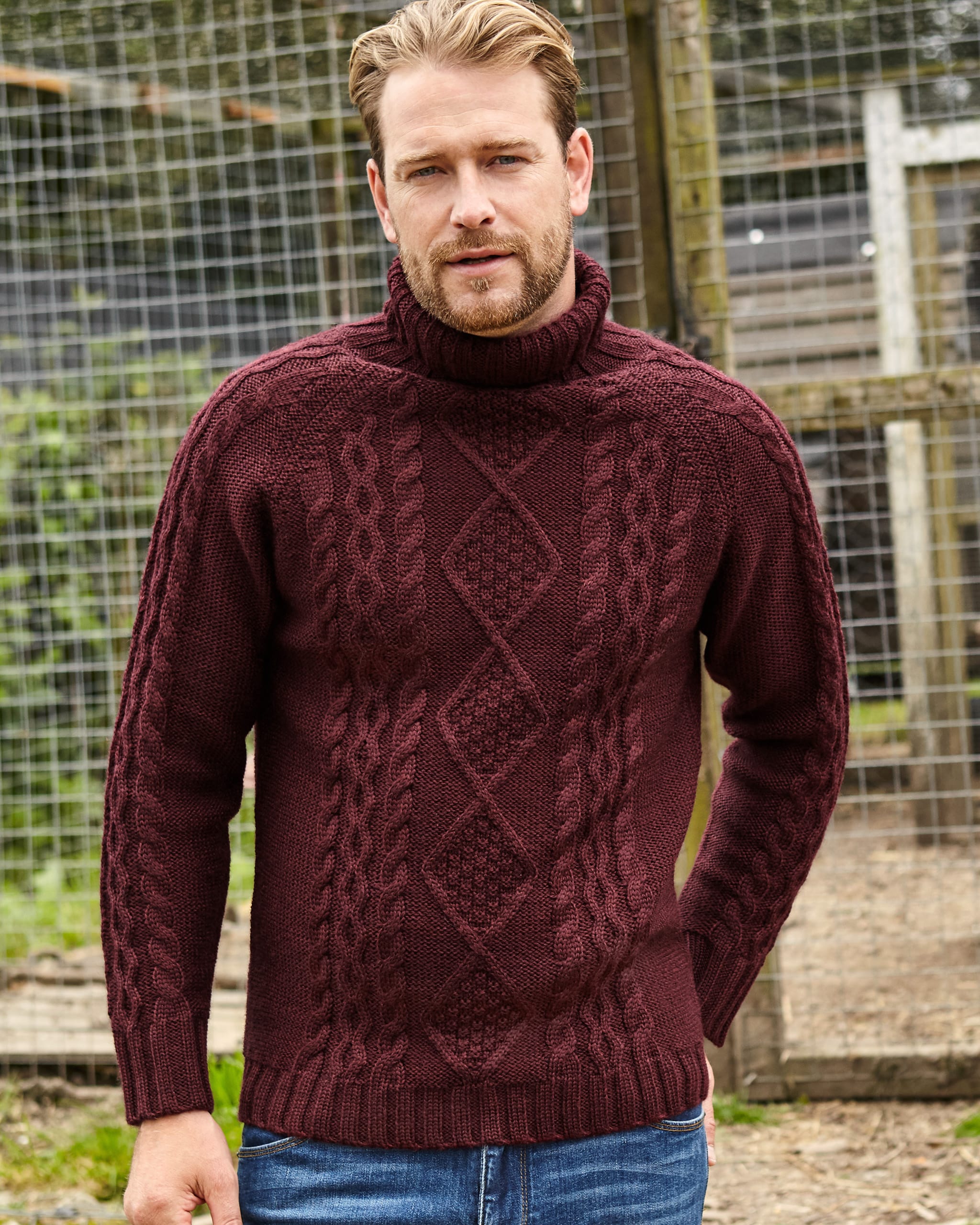 Dark Cranberry | Pure Wool Knitted Aran Polo Neck Jumper | WoolOvers AU