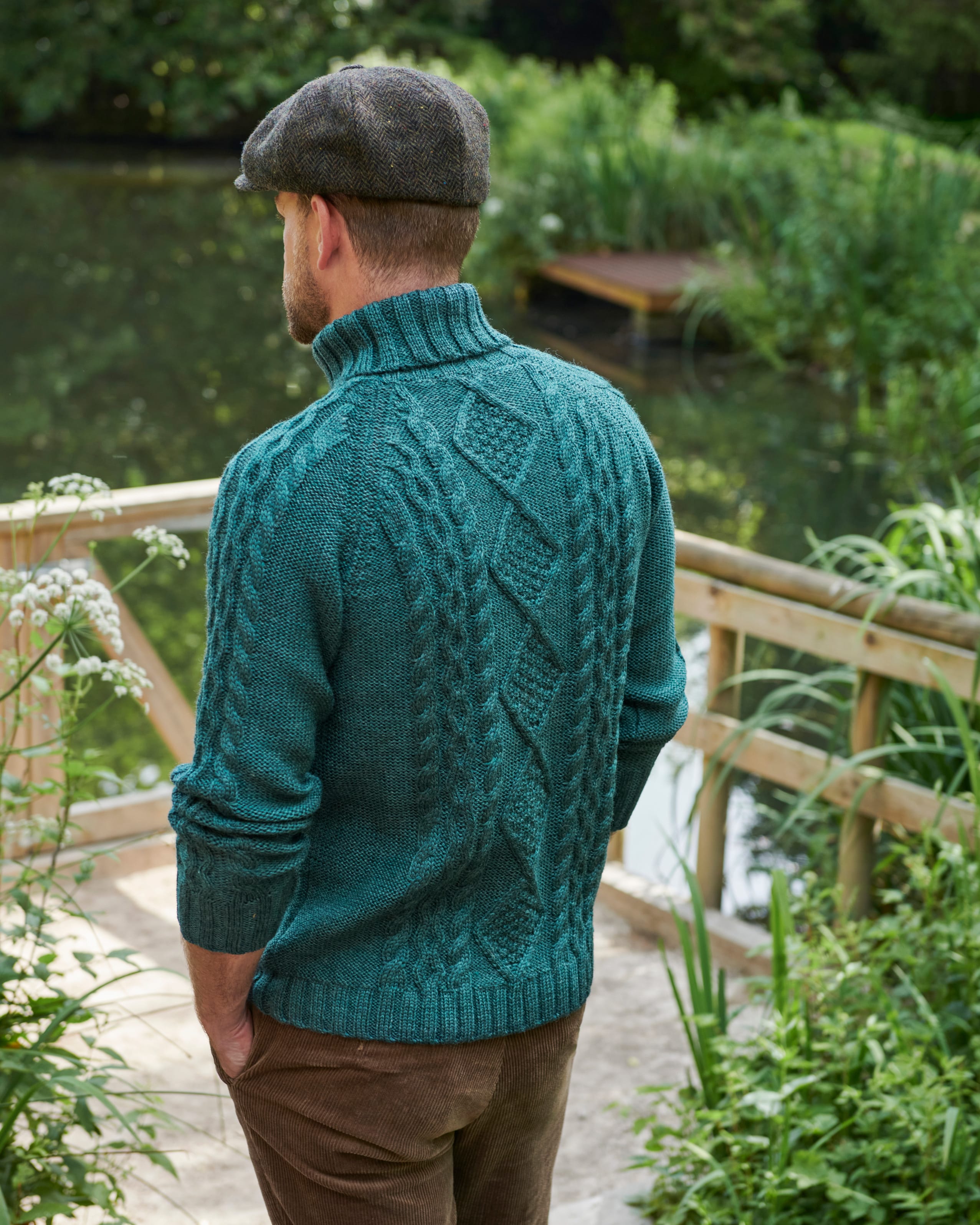 Dark Moss | Pure Wool Knitted Aran Polo Neck Jumper | WoolOvers UK