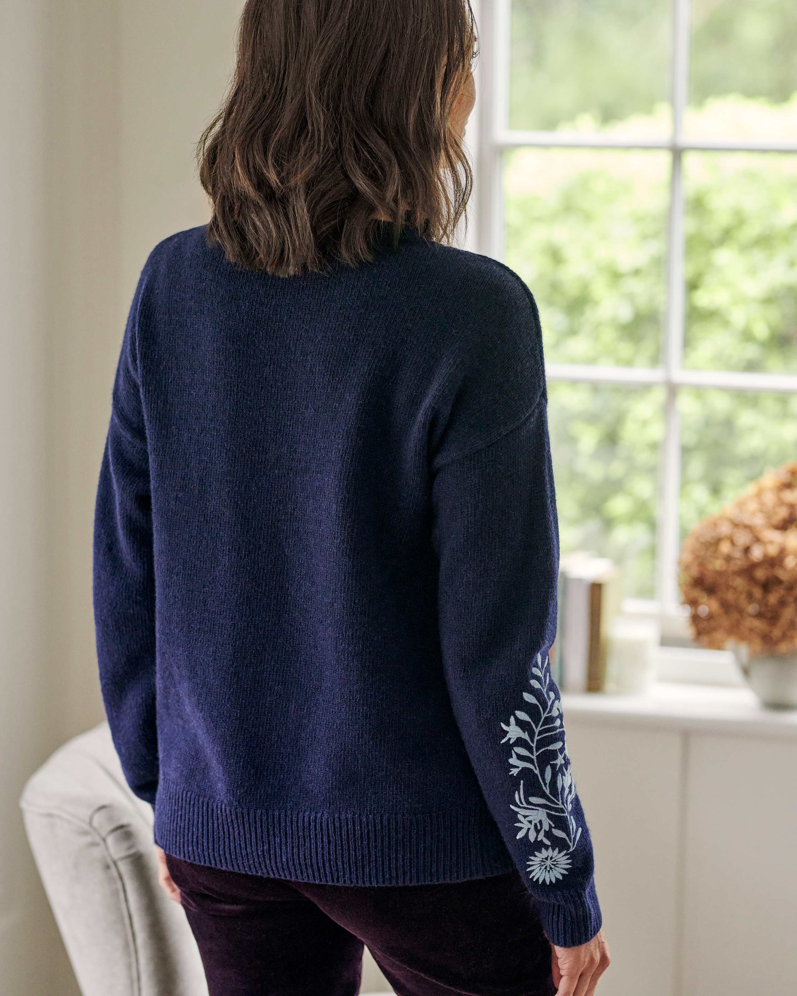 Navy Embroidered Flower Knitted Jumper WoolOvers UK