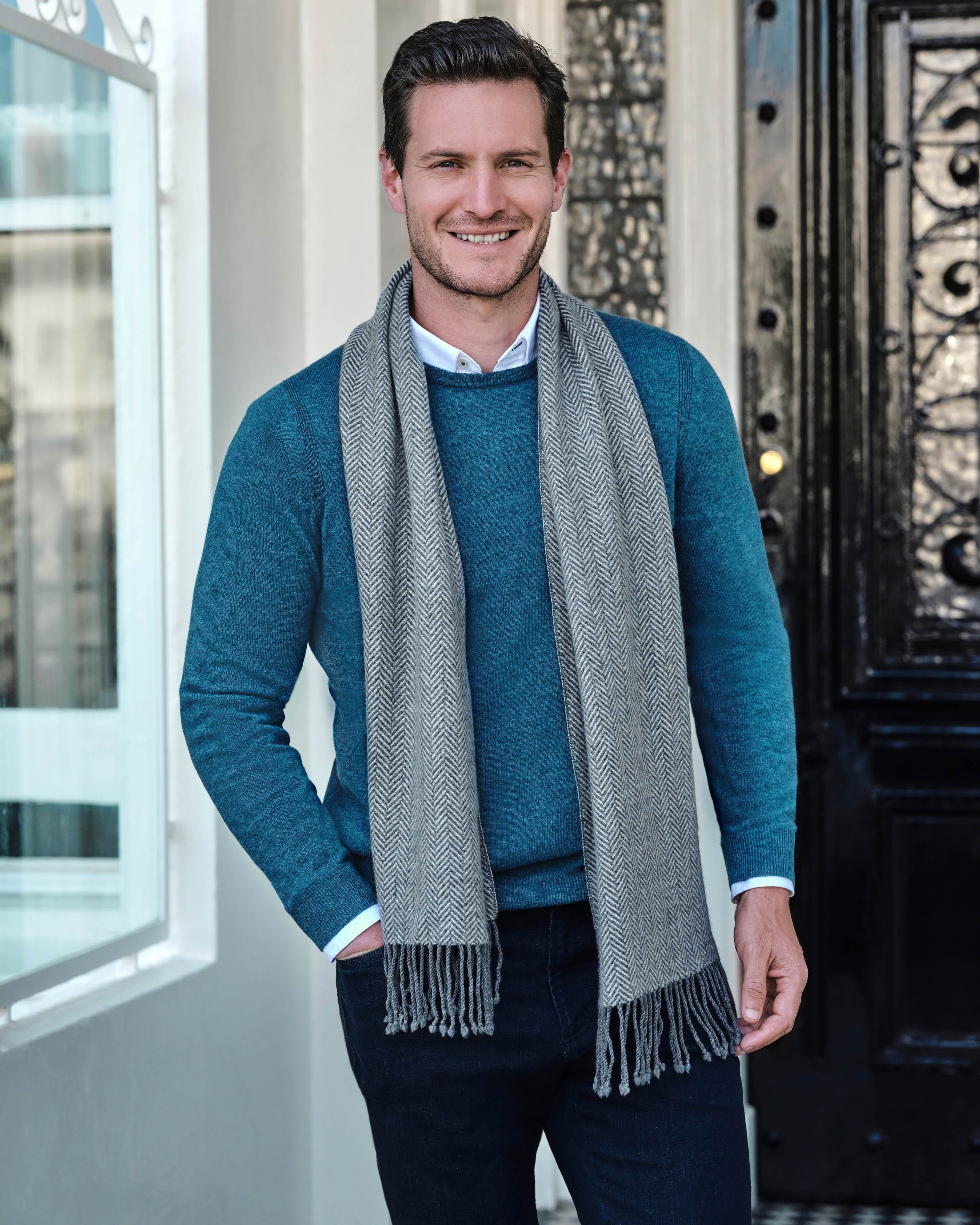 Grey Herringbone Mens Cashmere Herringbone Scarf WoolOvers US
