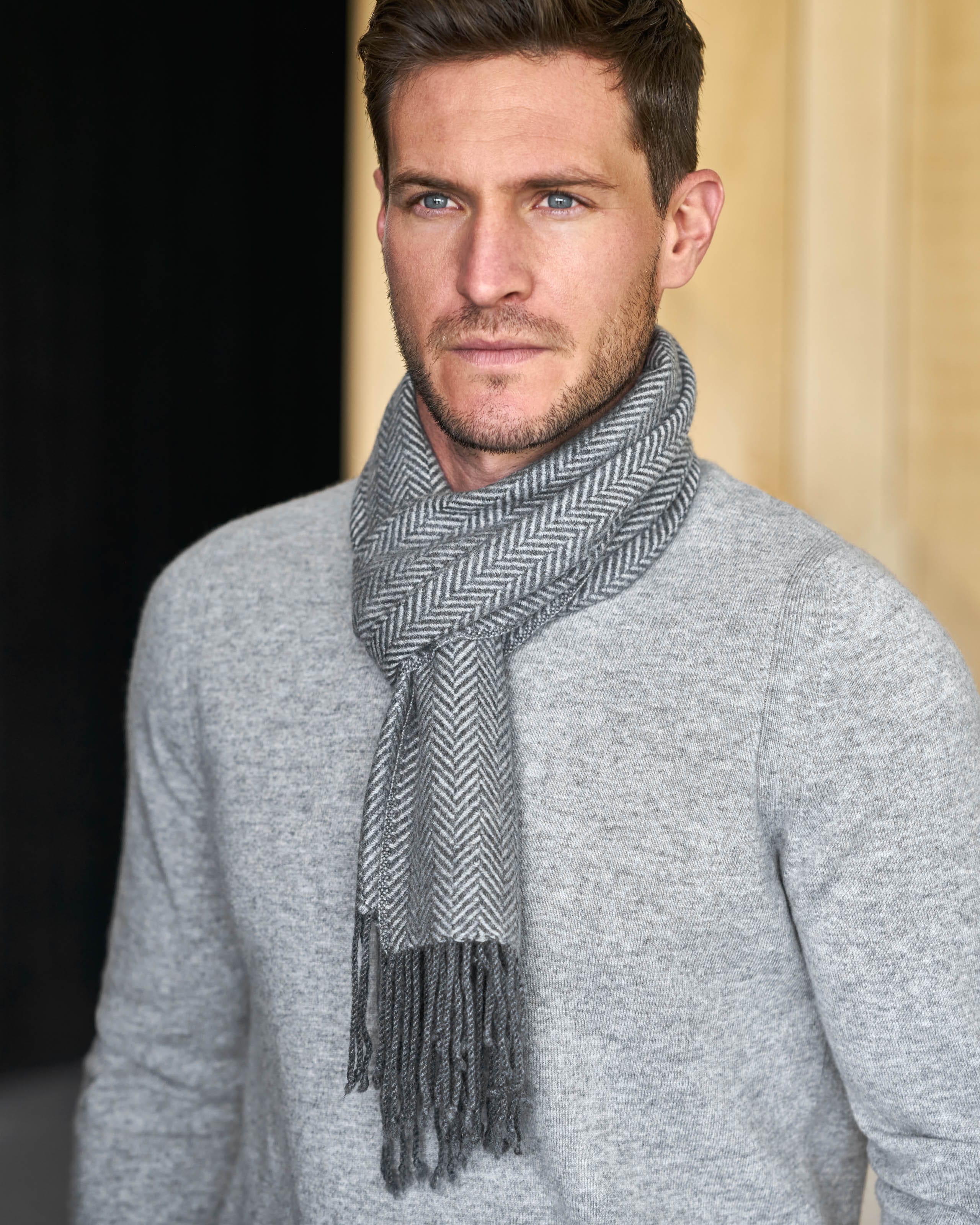 Grey Herringbone Mens Cashmere Herringbone Scarf WoolOvers US