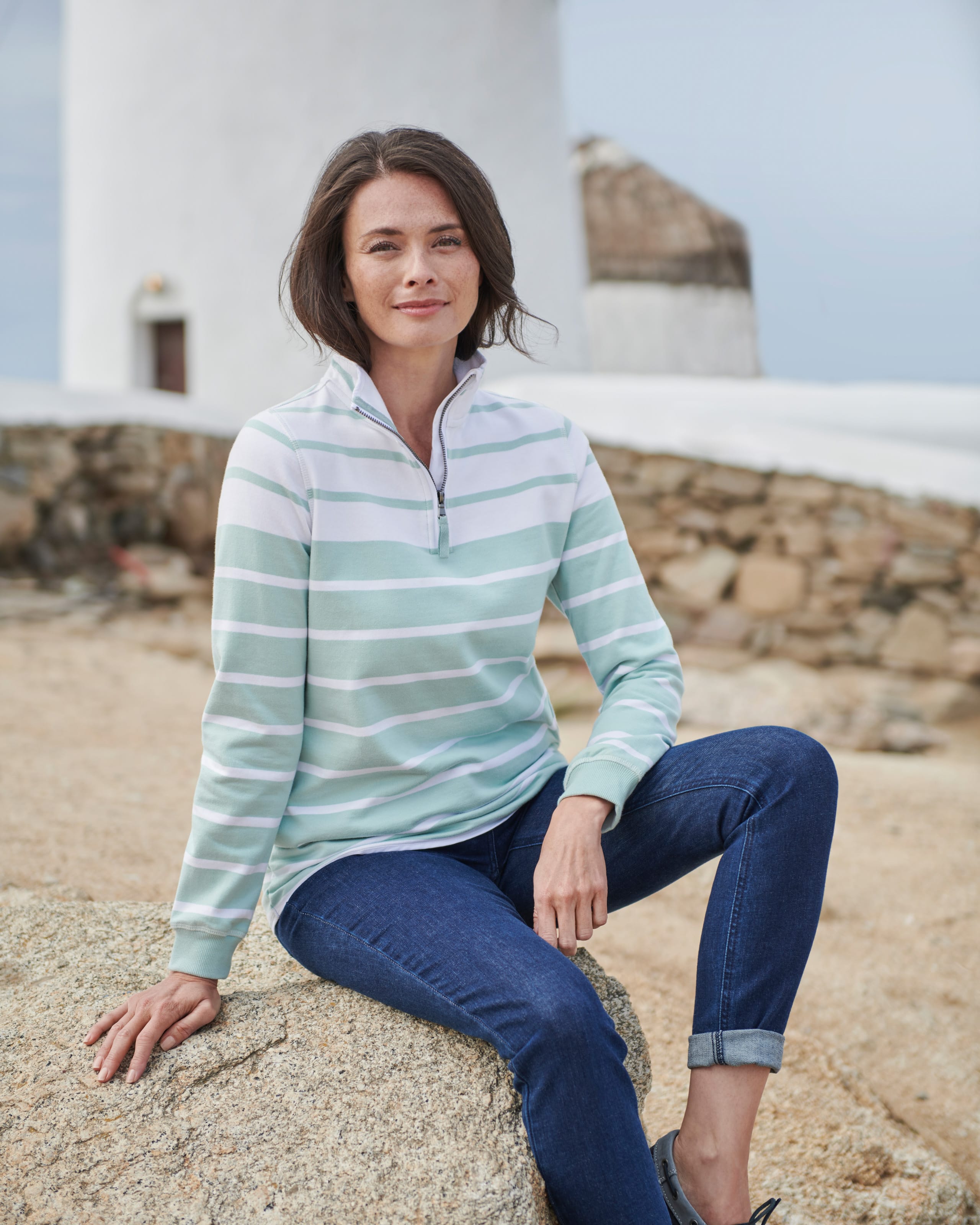 Organic Cotton Striped Duck Long Sleeves Woven Round Neck Sweatshirt Blue