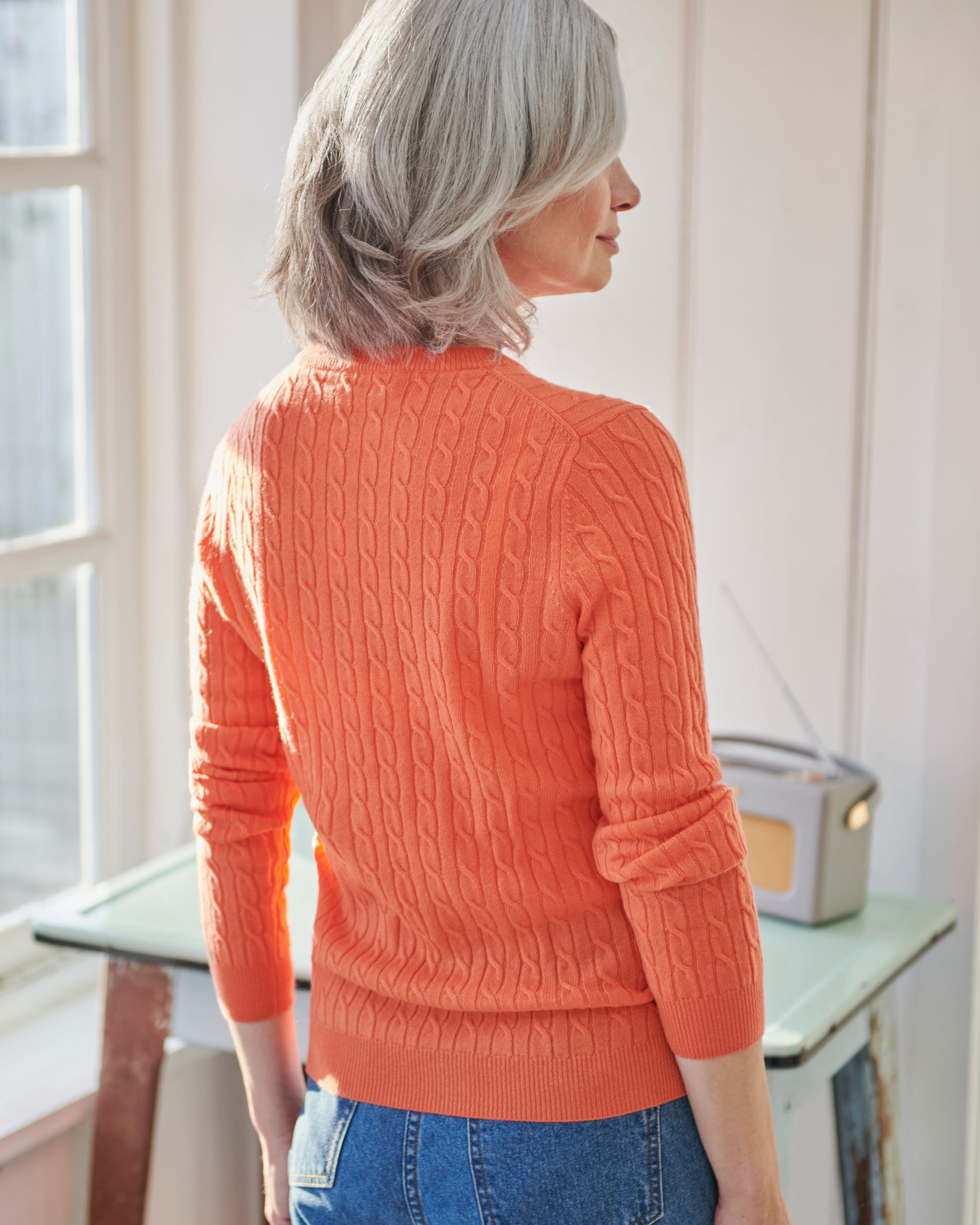 Bright Apricot Cashmere Merino Cable Crew Neck Jumper WoolOvers UK