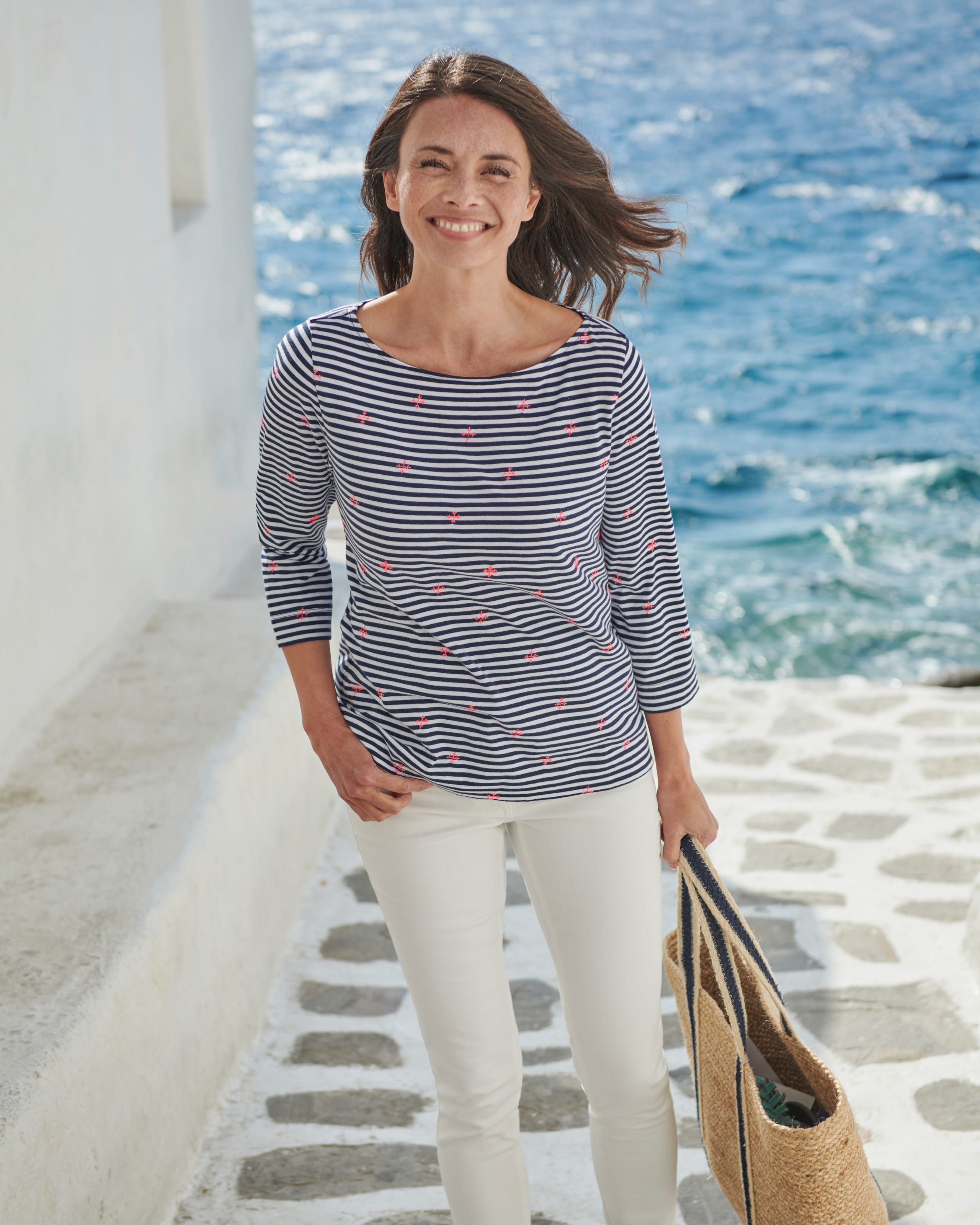 Navy/Pink | Embroidered Breton Stripe Top | WoolOvers UK